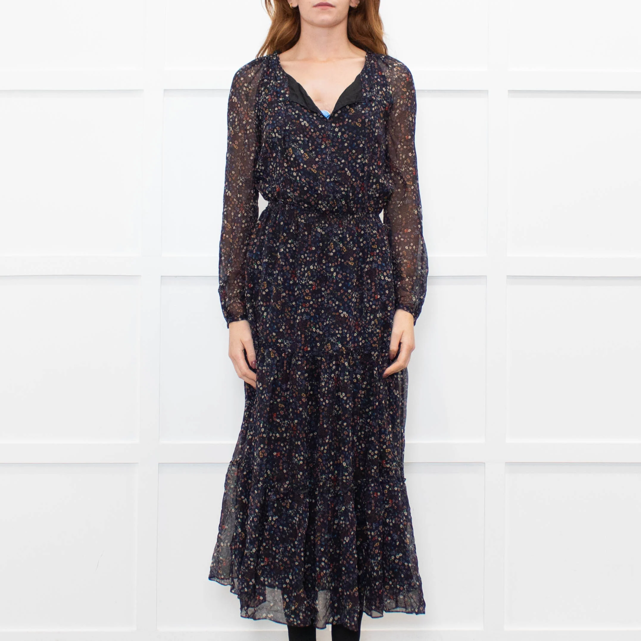Ridley Navy White Red Floral Elasticated Waist Tiered Silk Dress - Image 2
