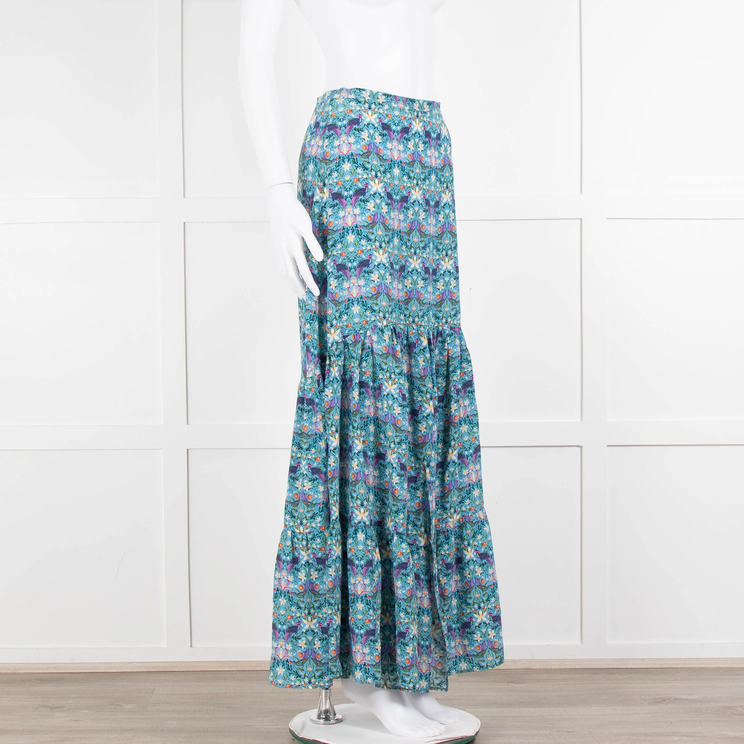Ridley Blue Floral Silk Open Front Maxi Skirt - Image 3