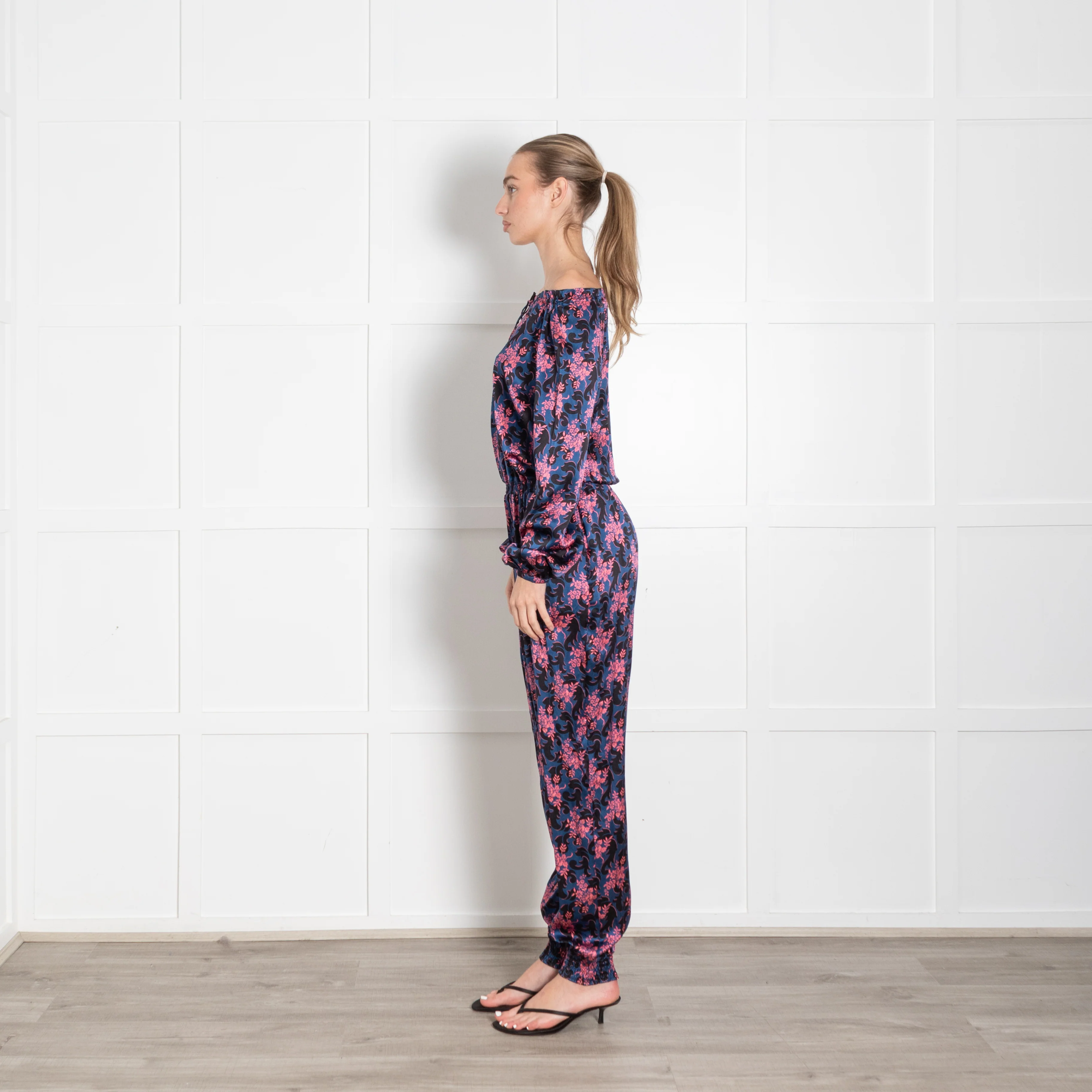 Ridley Blue Pink Black Floral Elasticated Waist Jumpsuit - Image 4