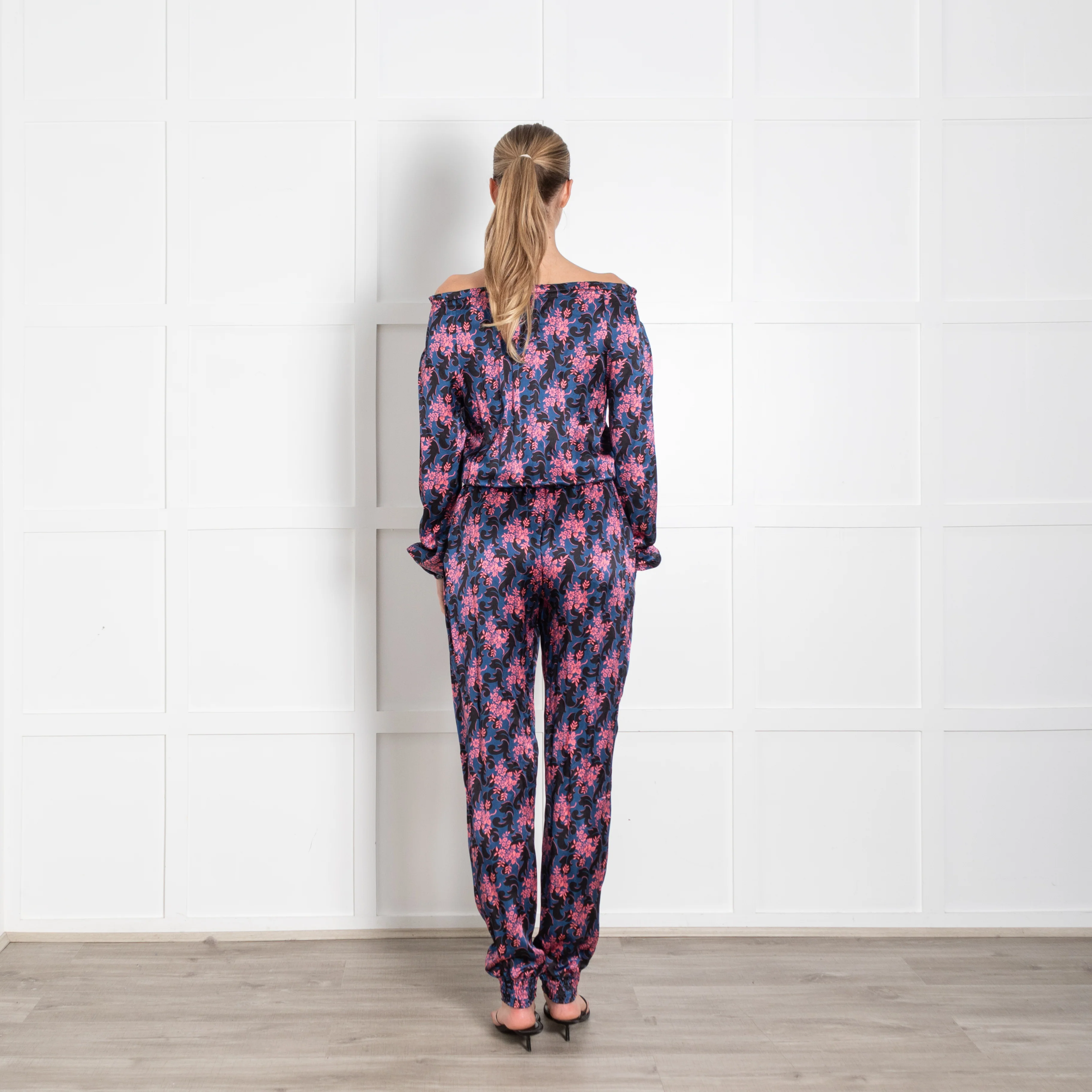 Ridley Blue Pink Black Floral Elasticated Waist Jumpsuit - Image 5