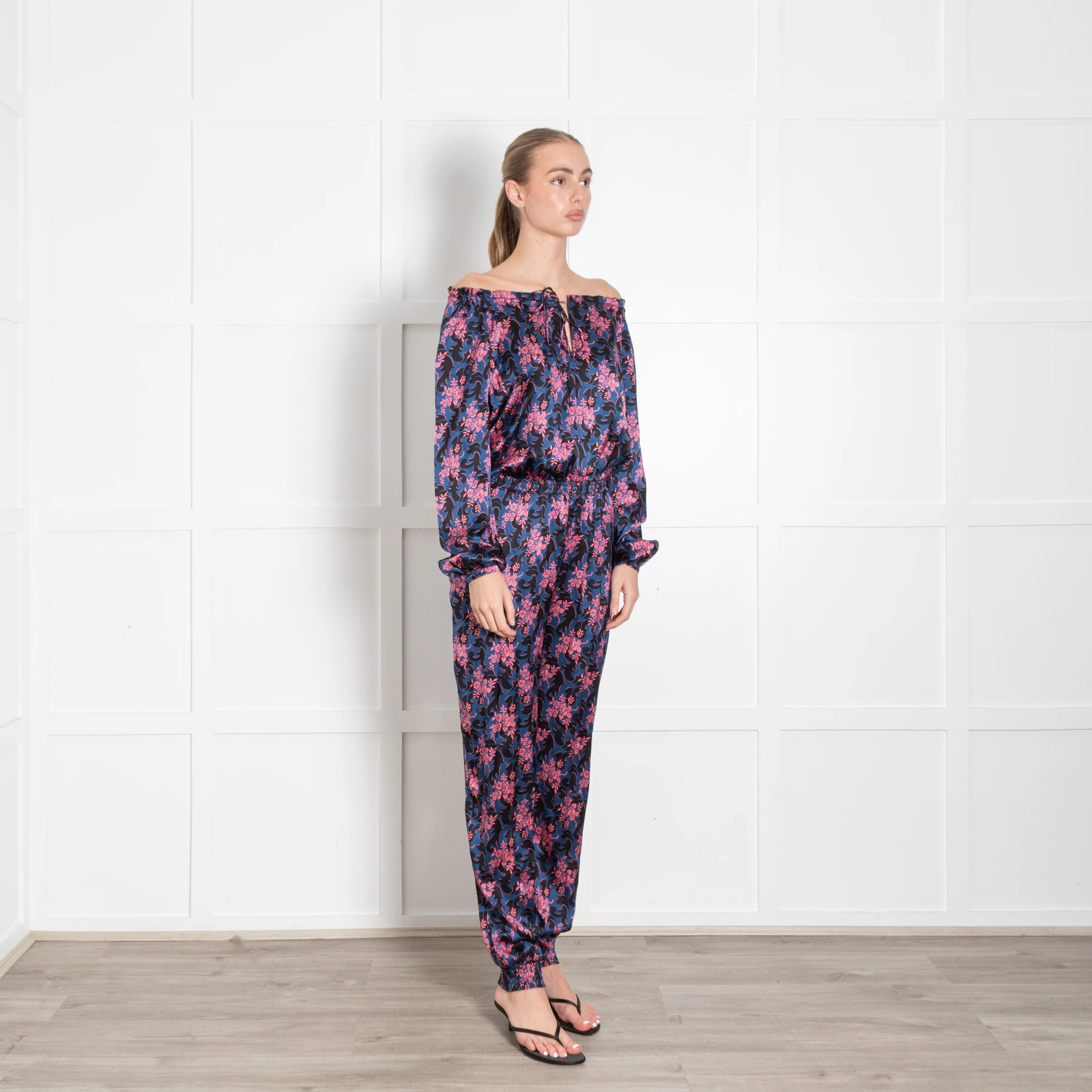 Ridley Blue Pink Black Floral Elasticated Waist Jumpsuit - Image 7