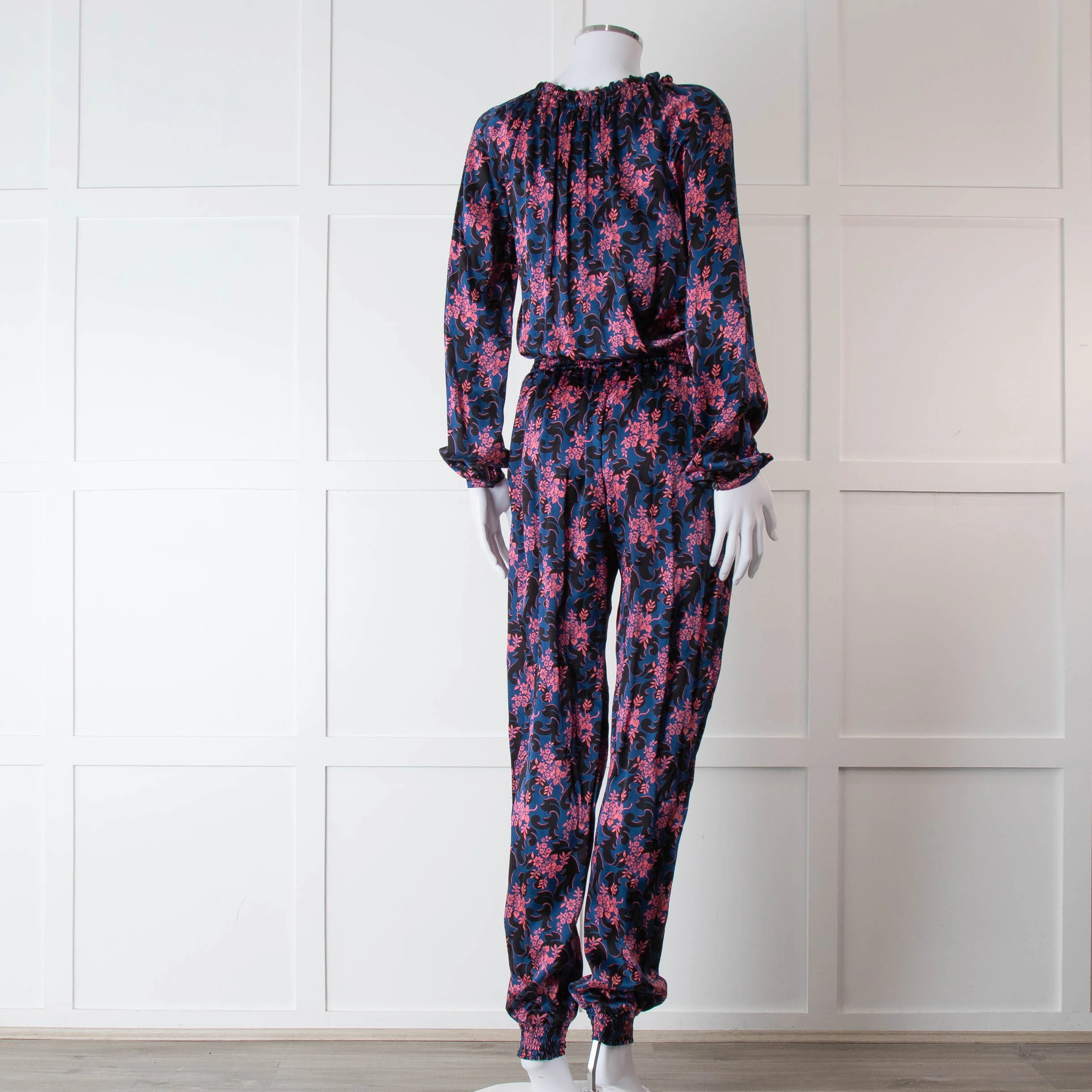 Ridley Blue Pink Floral Silk Satin Jumpsuit - Image 4