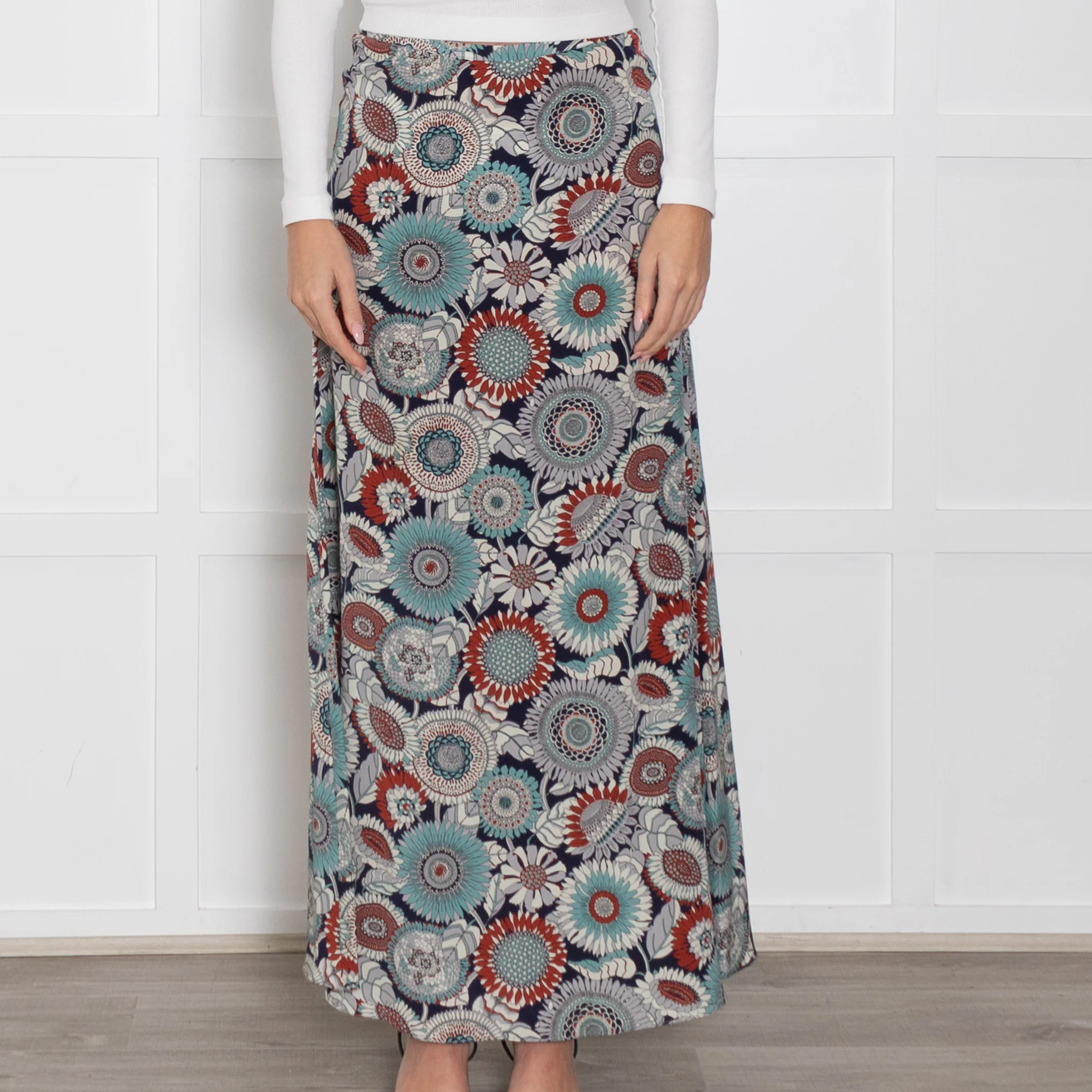 Ridley Blue Rust Floral Silk Maxi Skirt - Image 2