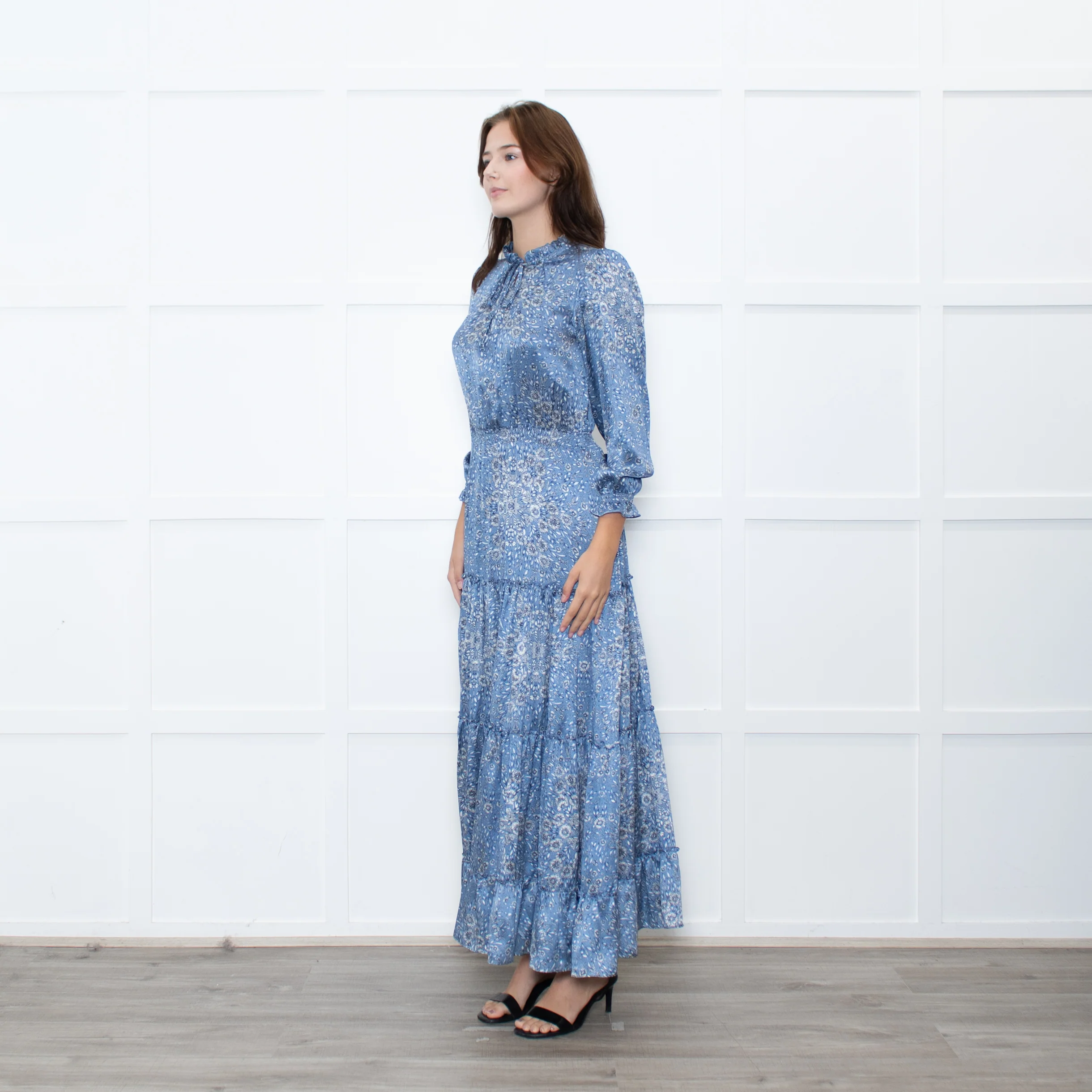 Ridley Blue White Floral Print Satin Silk Long Sleeve Maxi Dress - Image 3