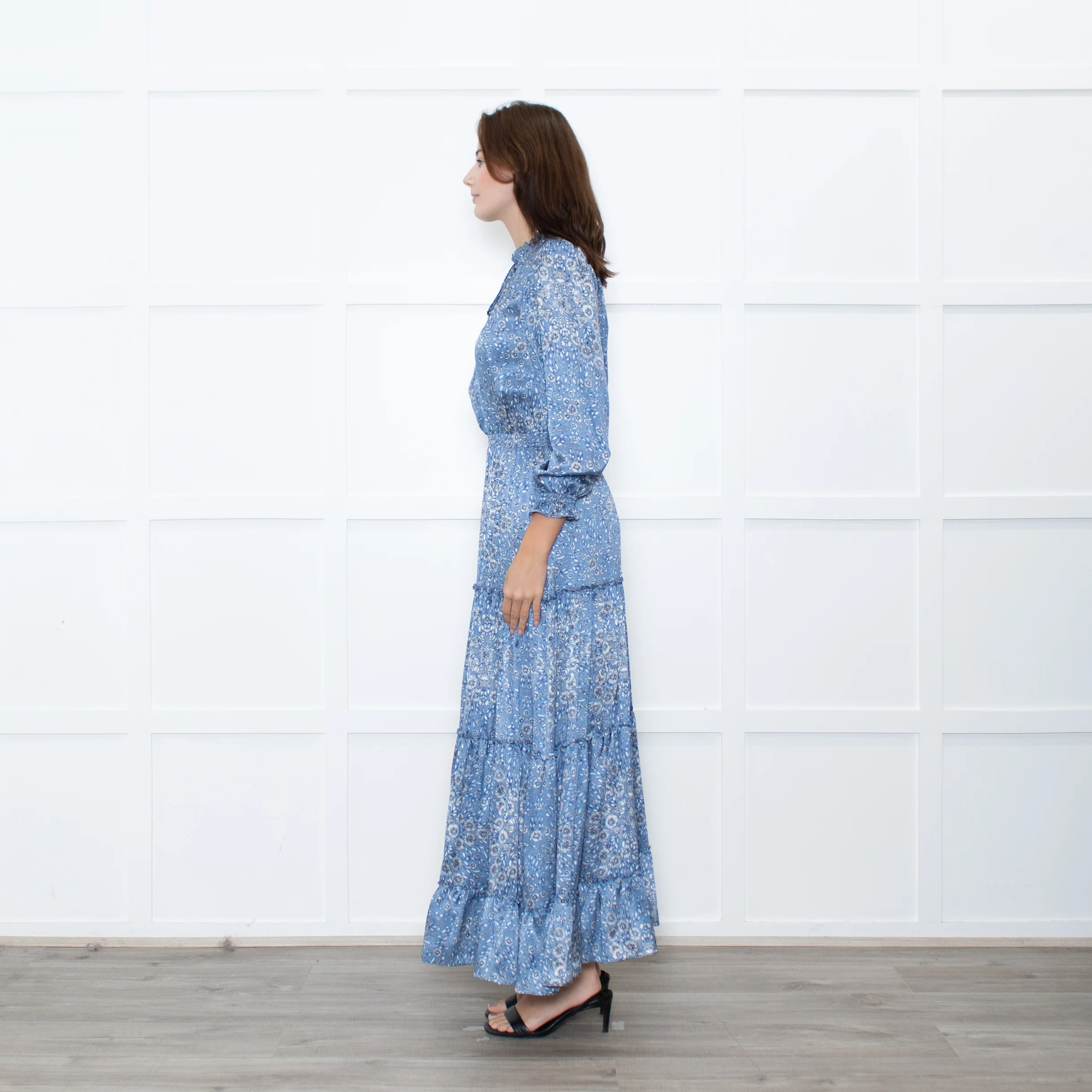 Ridley Blue White Floral Print Satin Silk Long Sleeve Maxi Dress - Image 4