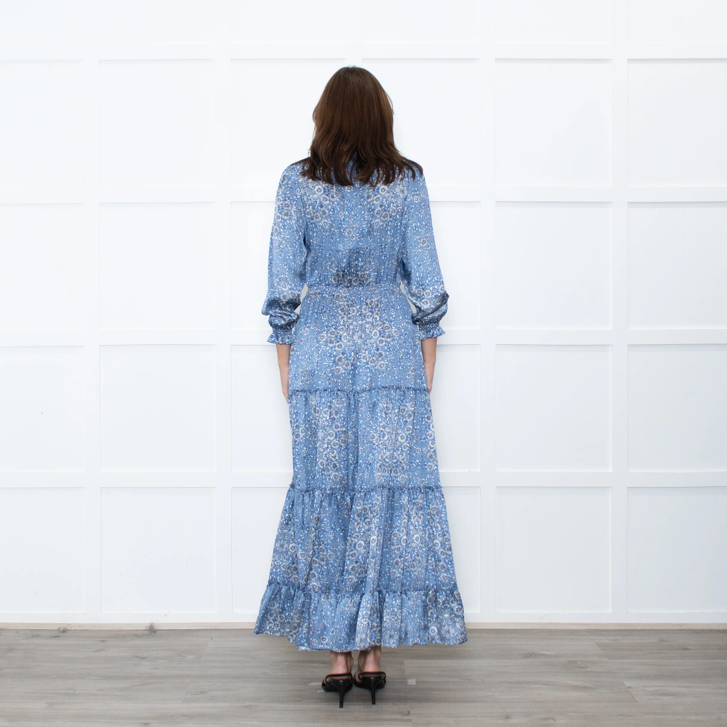 Ridley Blue White Floral Print Satin Silk Long Sleeve Maxi Dress - Image 5