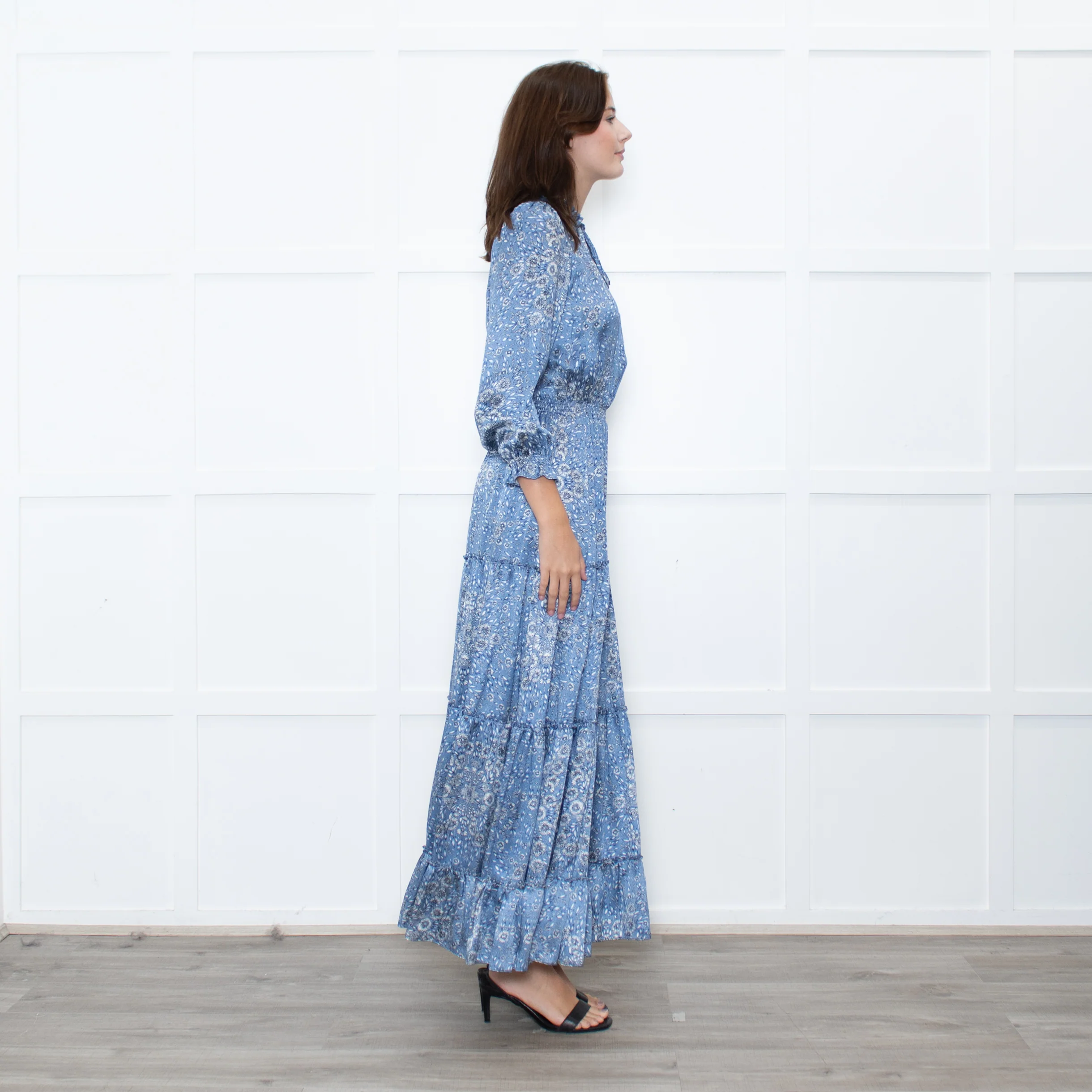 Ridley Blue White Floral Print Satin Silk Long Sleeve Maxi Dress - Image 6