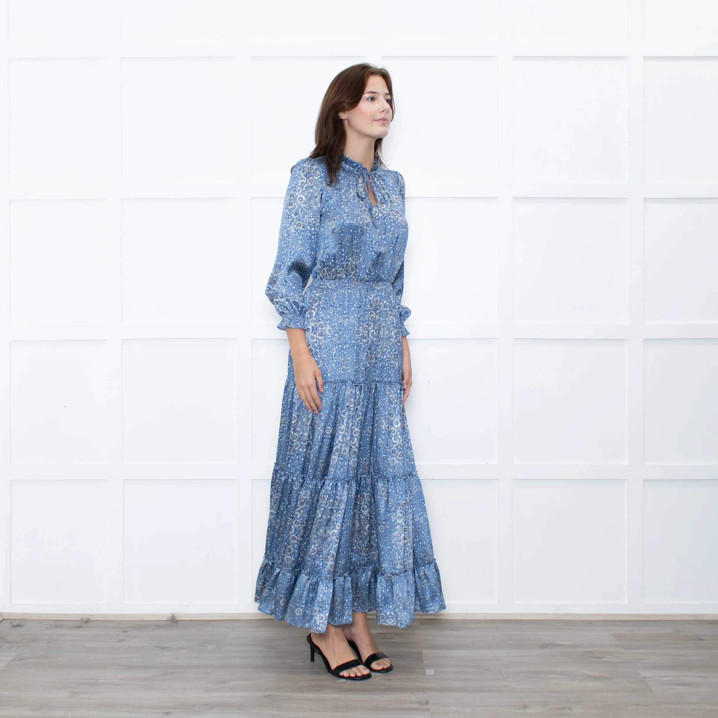 Ridley Blue White Floral Print Satin Silk Long Sleeve Maxi Dress - Image 7
