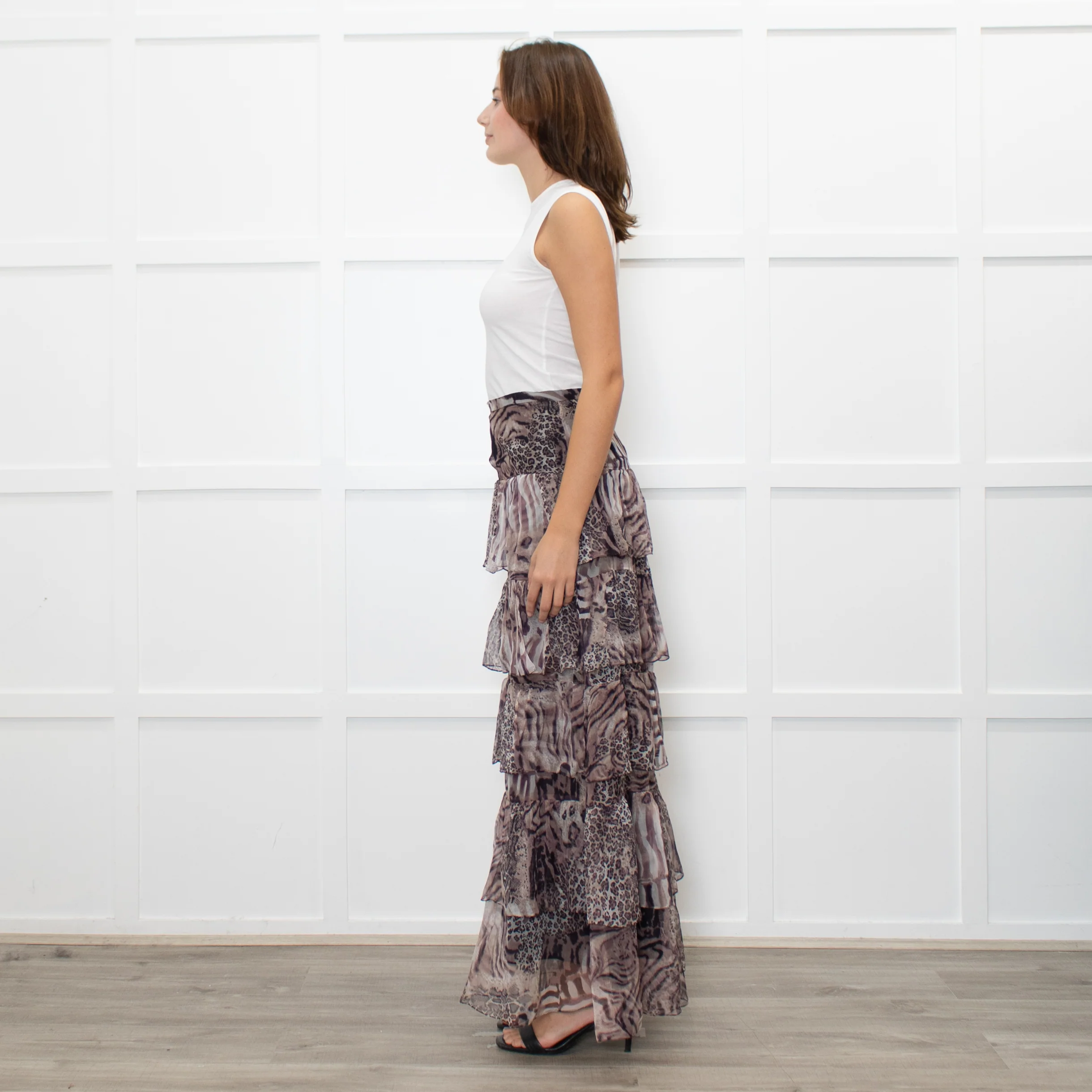 Ridley Brown Animal Print Silk Frill Maxi Skirt - Image 4