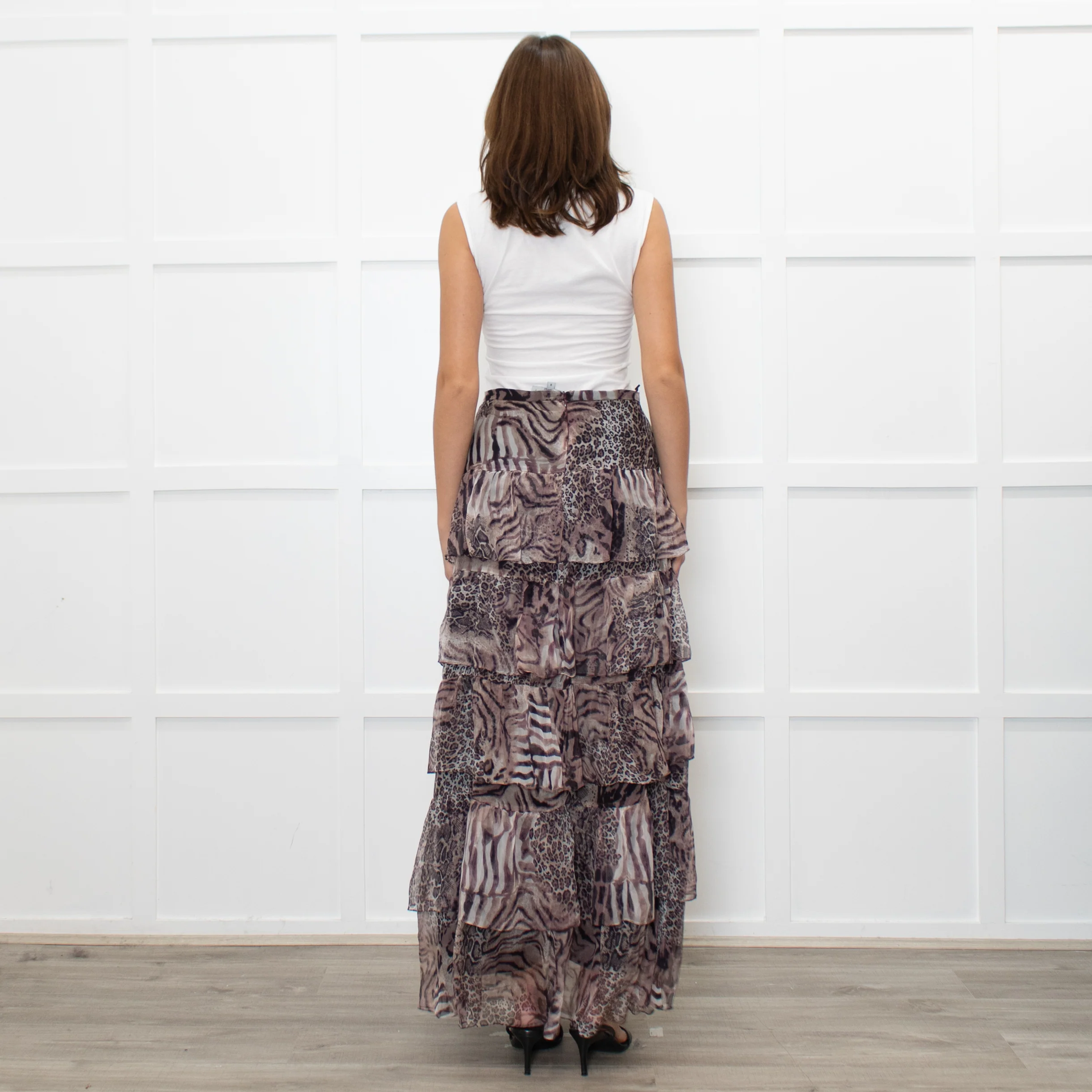 Ridley Brown Animal Print Silk Frill Maxi Skirt - Image 5