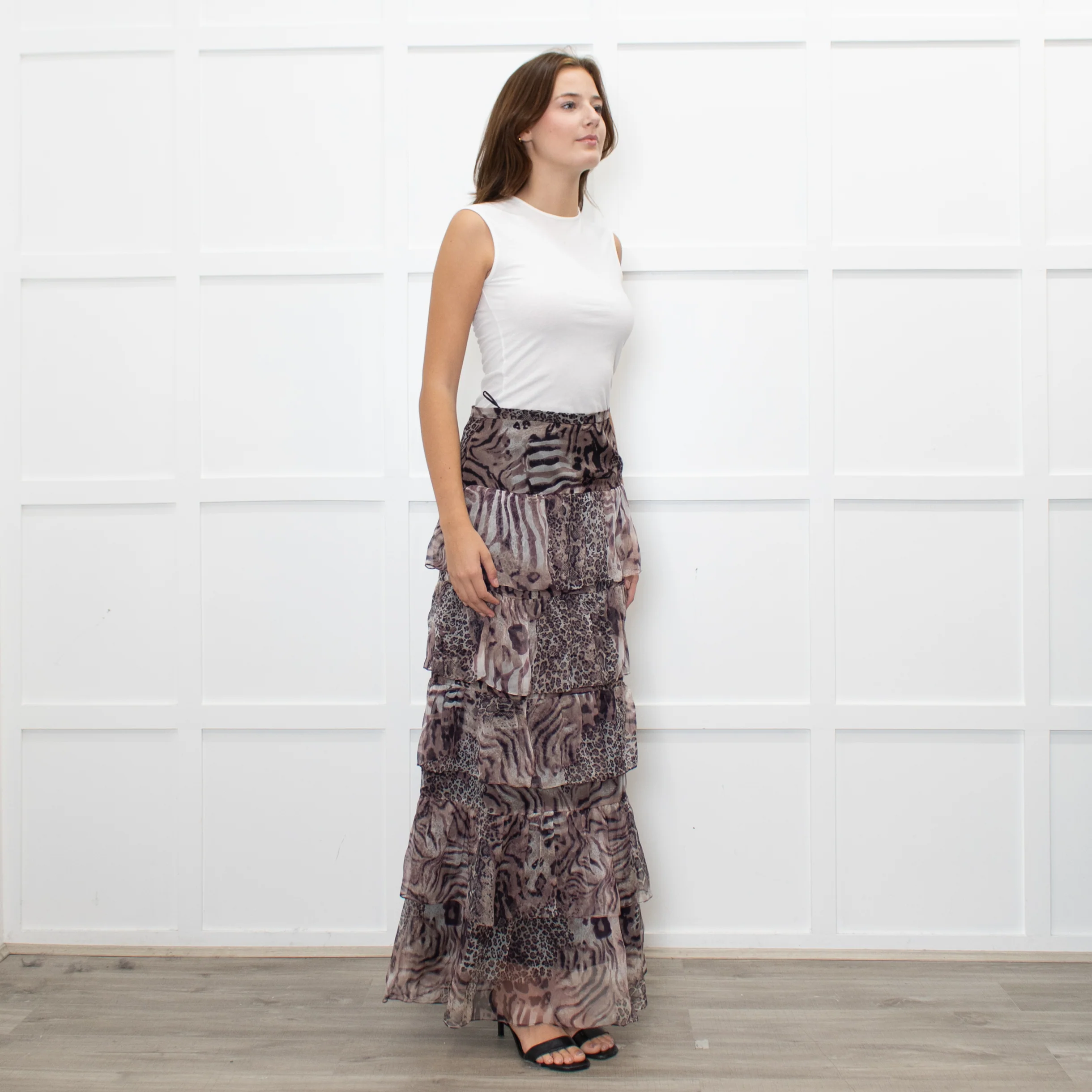 Ridley Brown Animal Print Silk Frill Maxi Skirt - Image 7