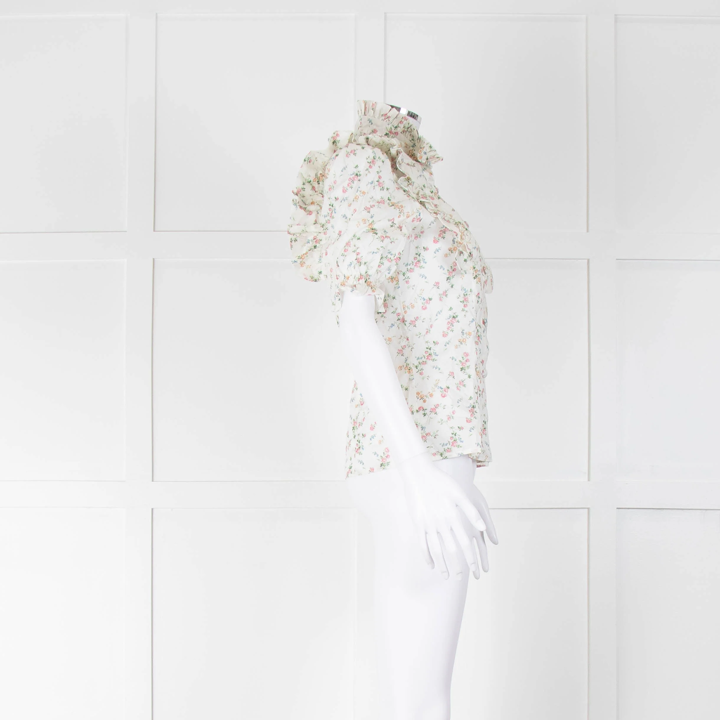 Ridley Cream Green Floral Cotton Frill Trim Puff Sleeve Top - Image 2