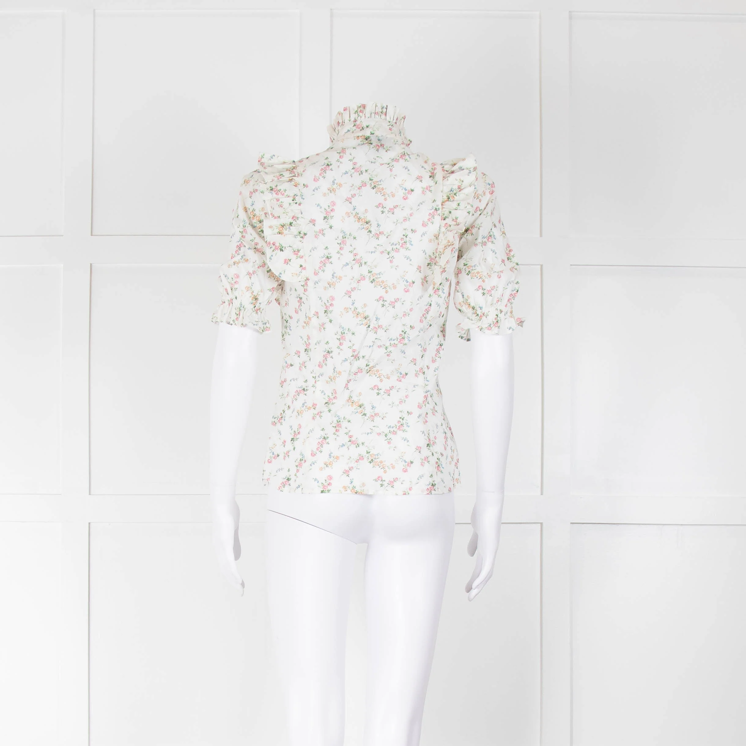 Ridley Cream Green Floral Cotton Frill Trim Puff Sleeve Top - Image 3