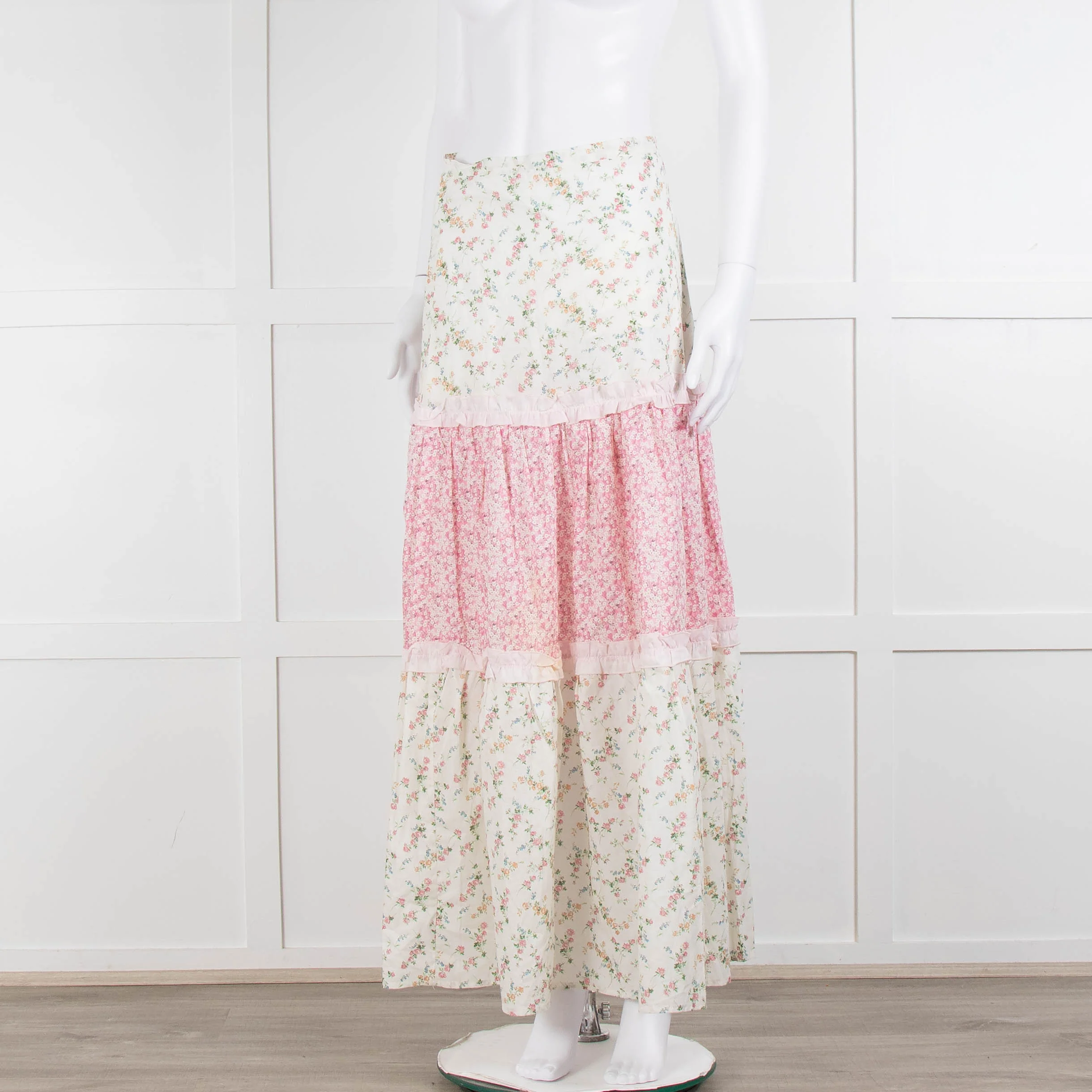 Ridley Cream Pink Floral Tiered Maxi Skirt - Image 8