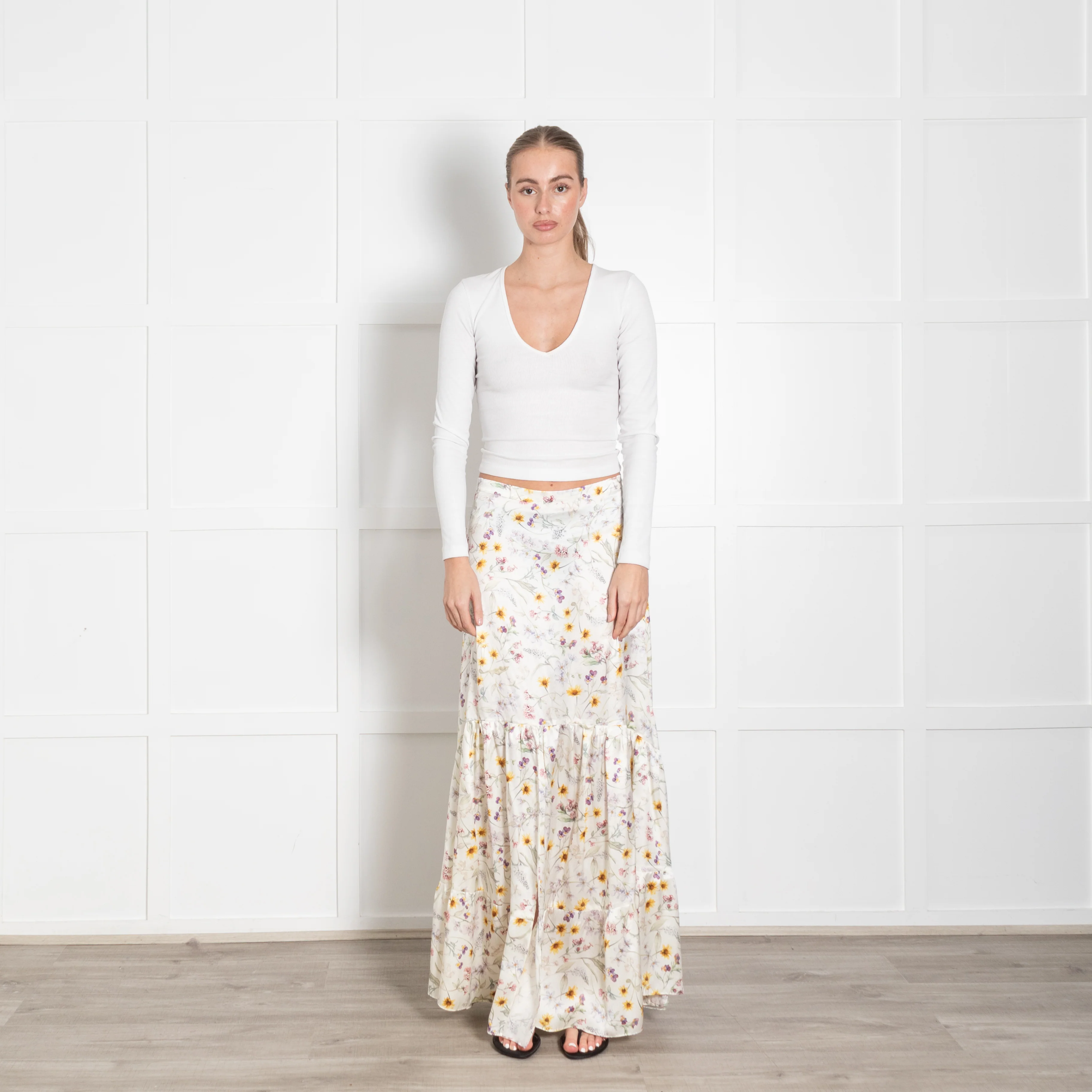 Ridley Cream Yellow Purple Floral Silk Skirt