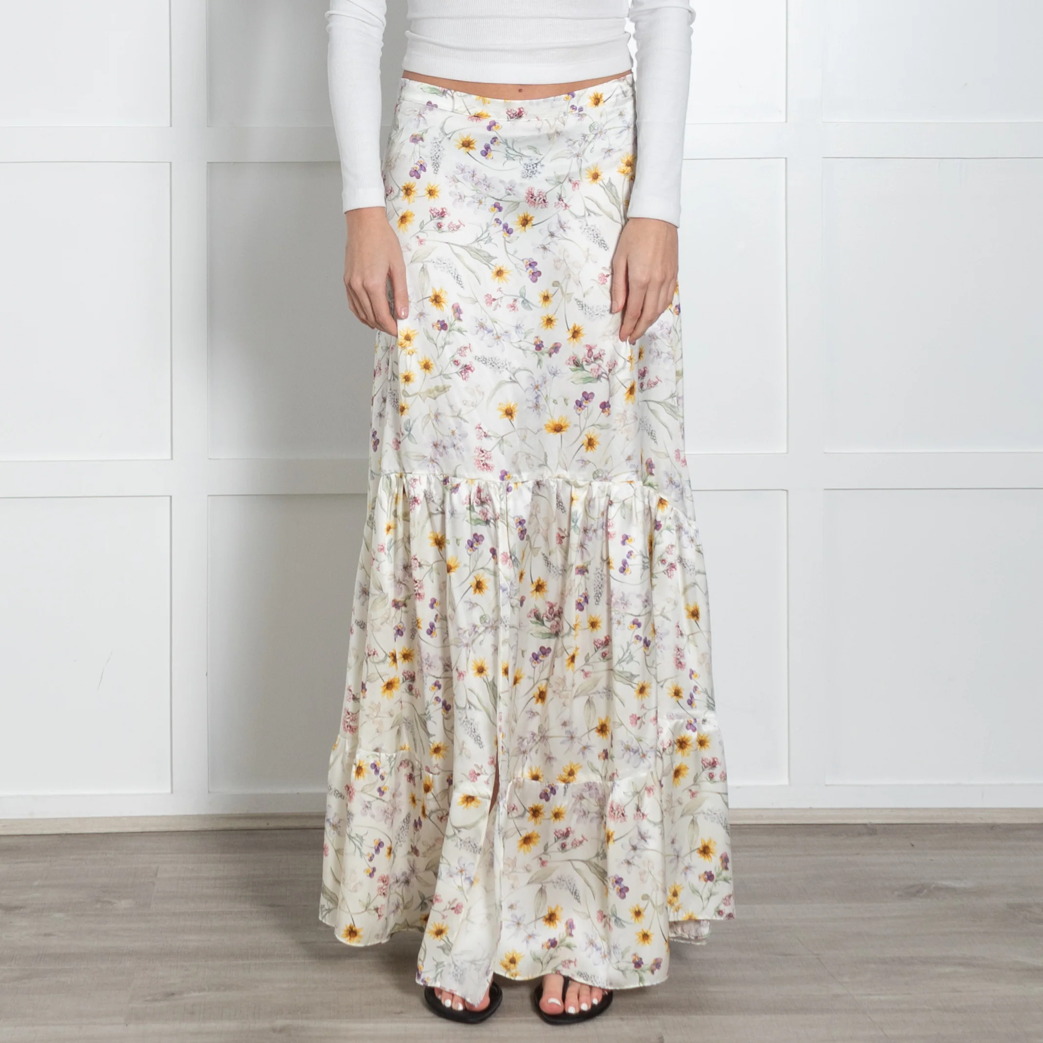 Ridley Cream Yellow Purple Floral Silk Skirt - Image 2