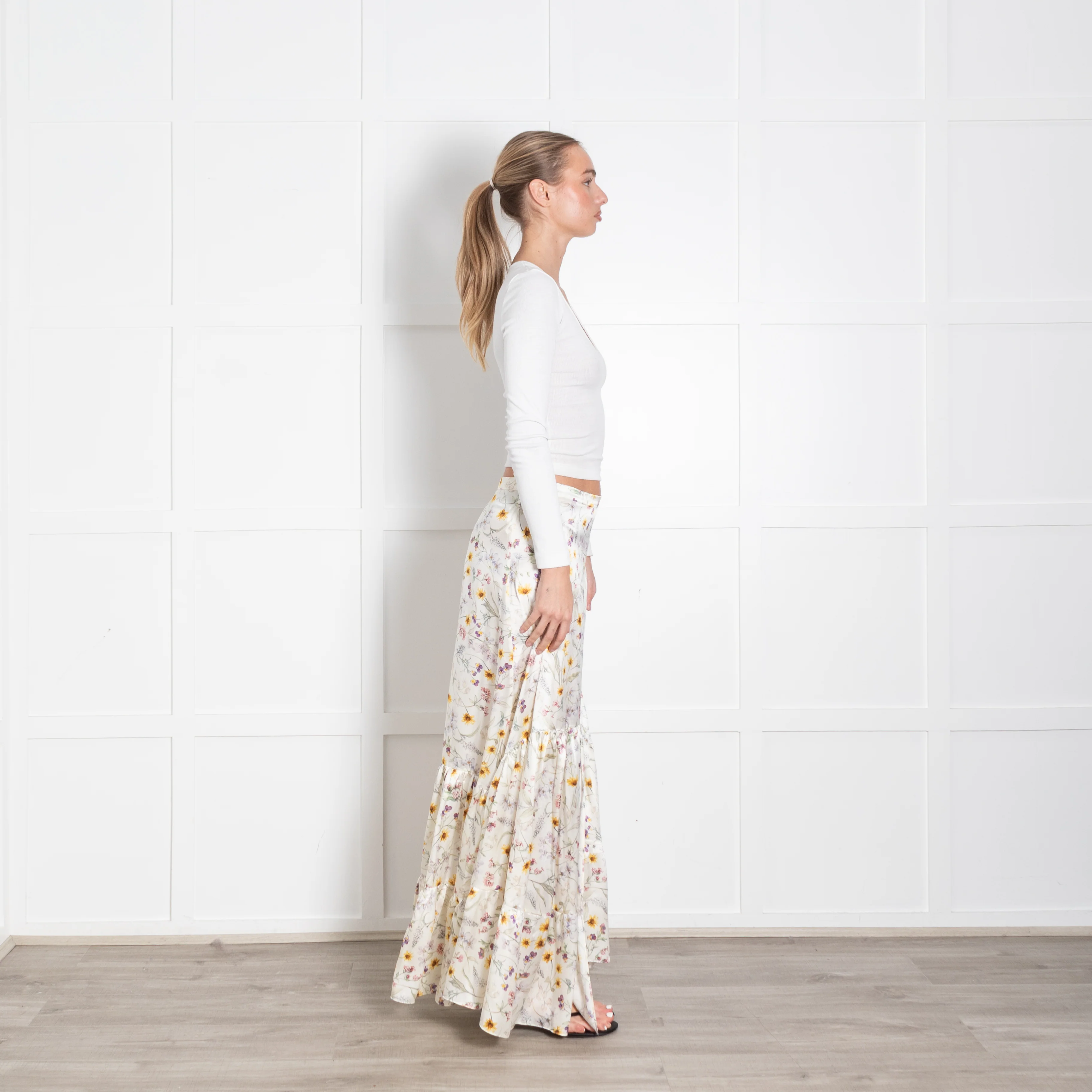 Ridley Cream Yellow Purple Floral Silk Skirt - Image 6