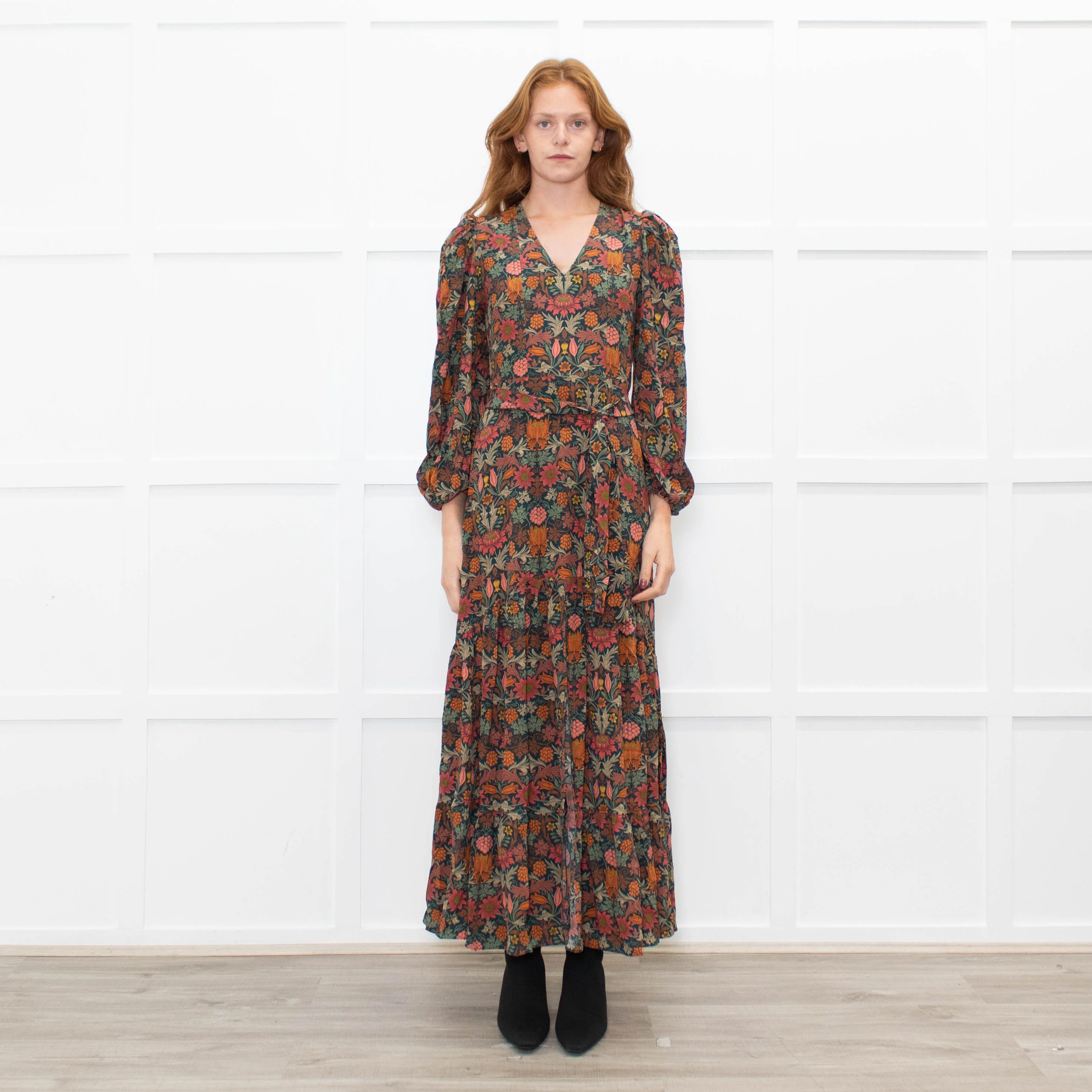 Ridley Dark Green Orange Pink Floral Belted Maxi Dress