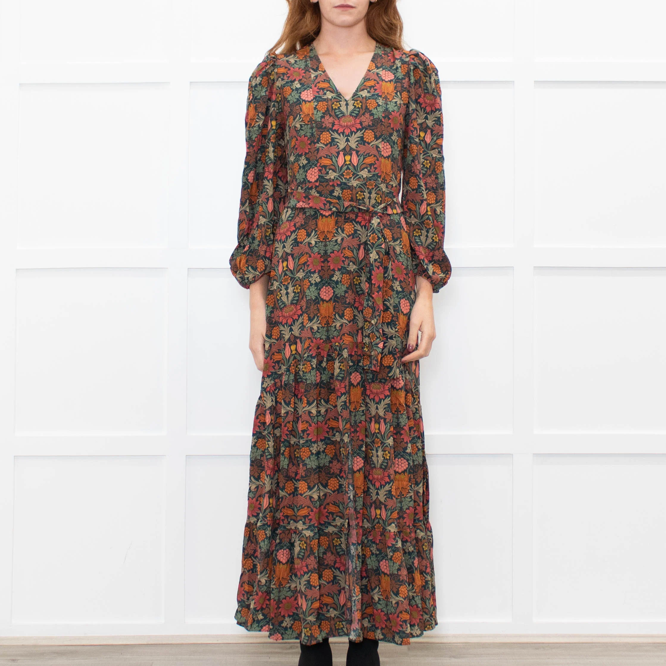 Ridley Dark Green Orange Pink Floral Belted Maxi Dress - Image 2