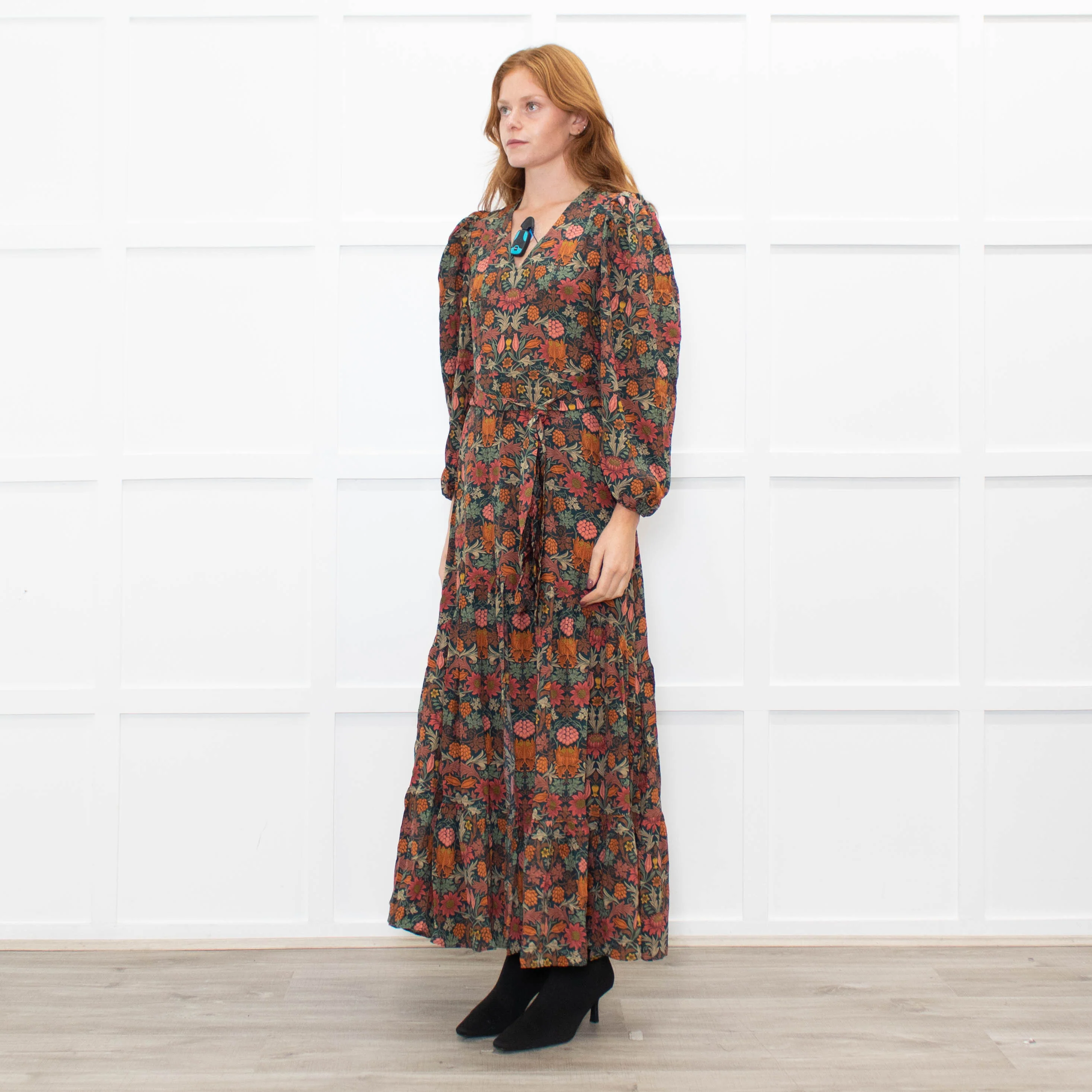 Ridley Dark Green Orange Pink Floral Belted Maxi Dress - Image 3