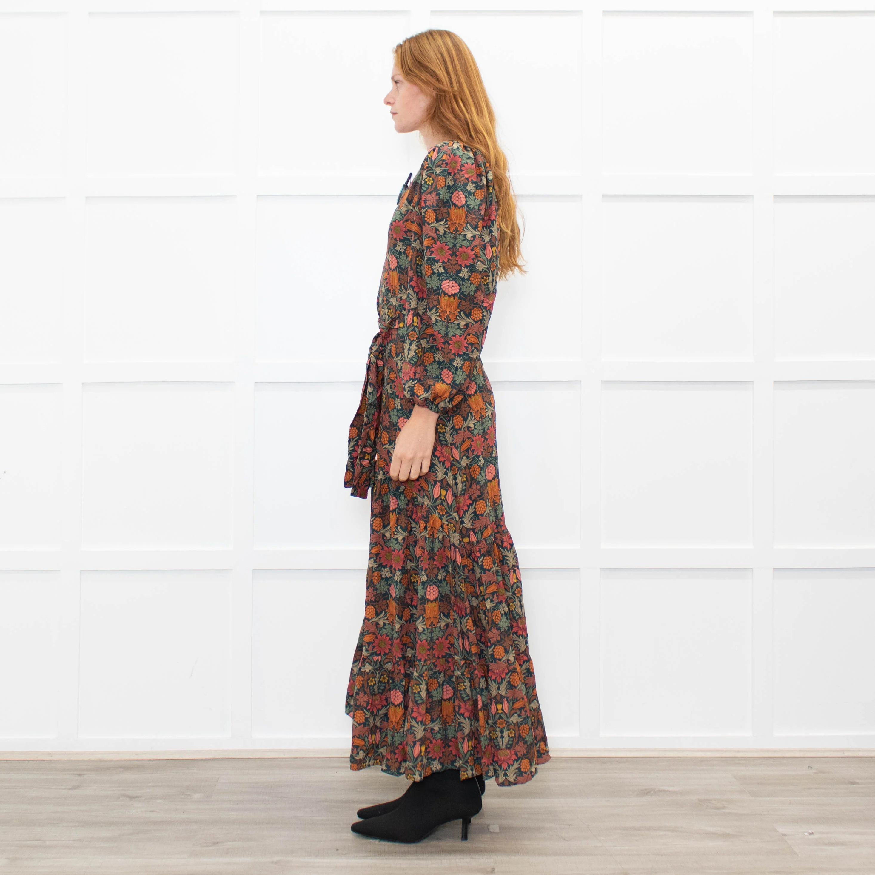 Ridley Dark Green Orange Pink Floral Belted Maxi Dress - Image 4