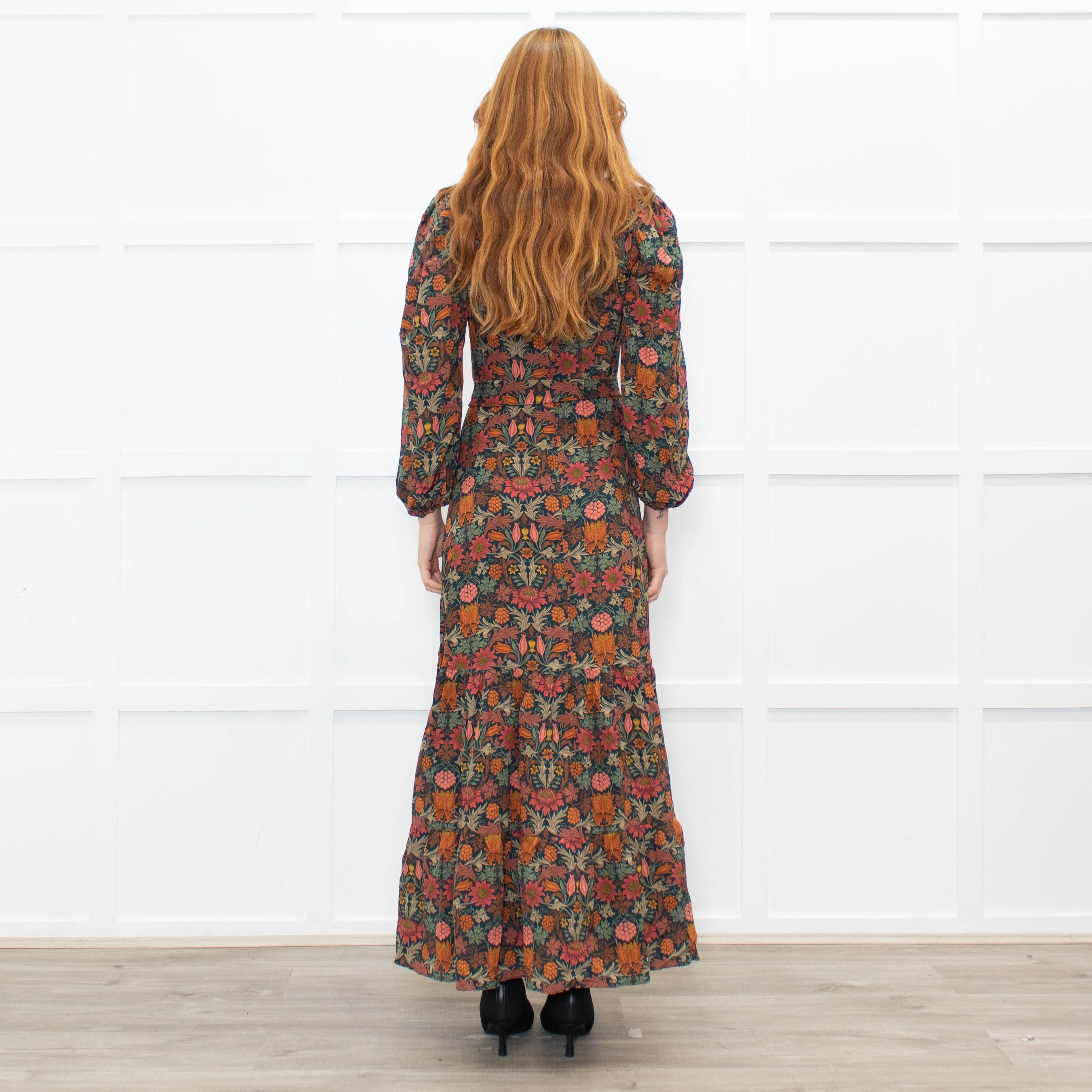 Ridley Dark Green Orange Pink Floral Belted Maxi Dress - Image 5
