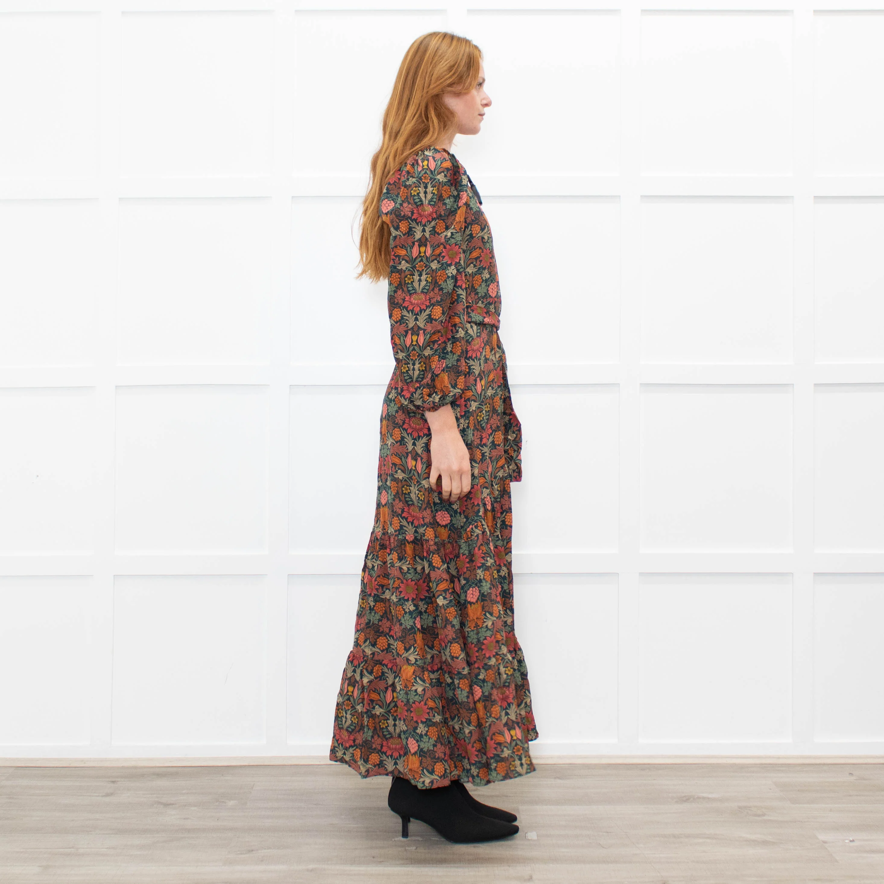 Ridley Dark Green Orange Pink Floral Belted Maxi Dress - Image 6