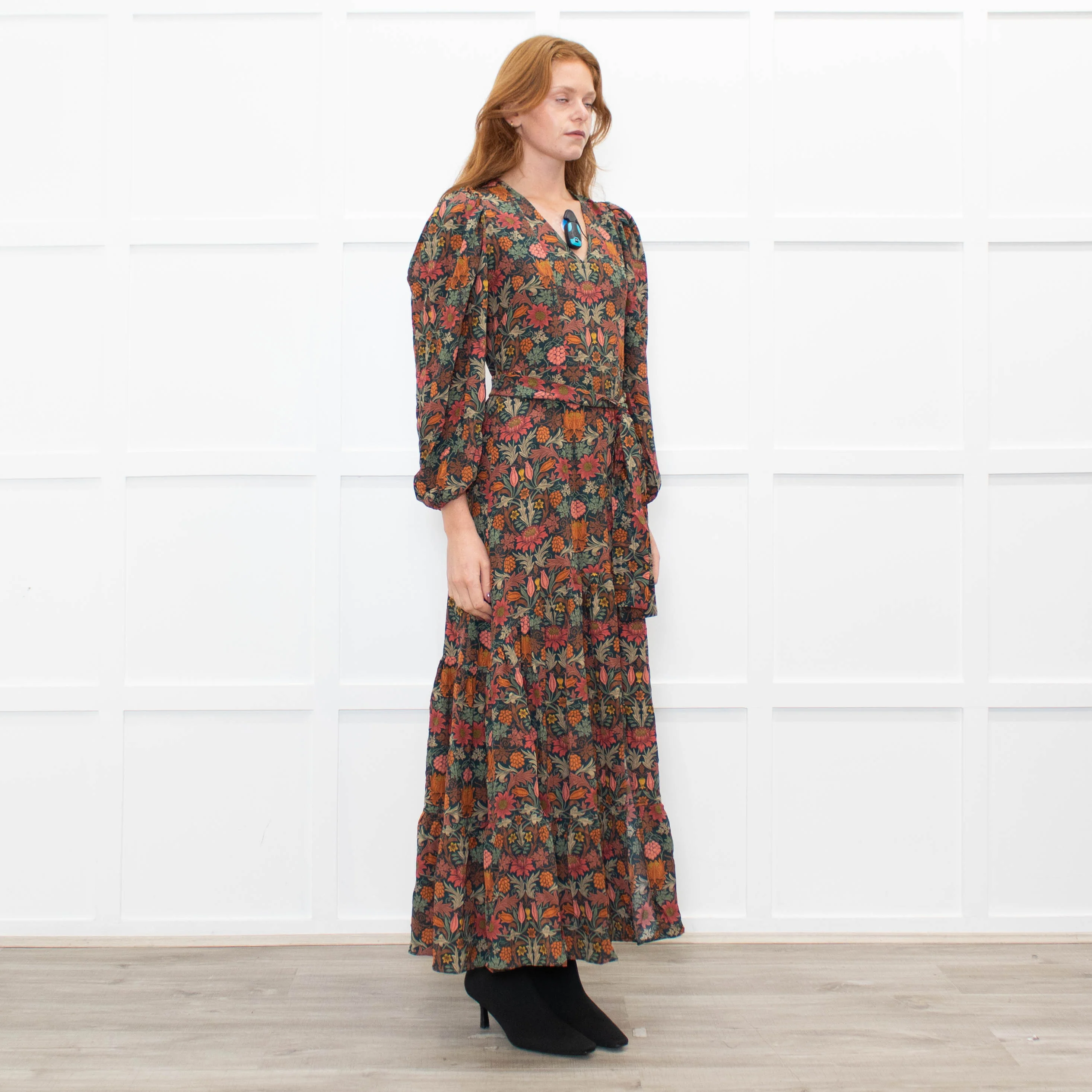 Ridley Dark Green Orange Pink Floral Belted Maxi Dress - Image 7