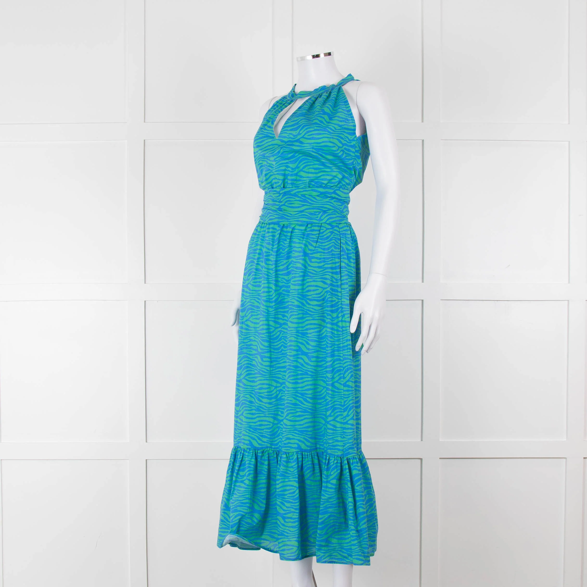 Ridley Green Blue Print Elasticated Waist Halter Neck Belted Maxi Cotton Dress - Image 8