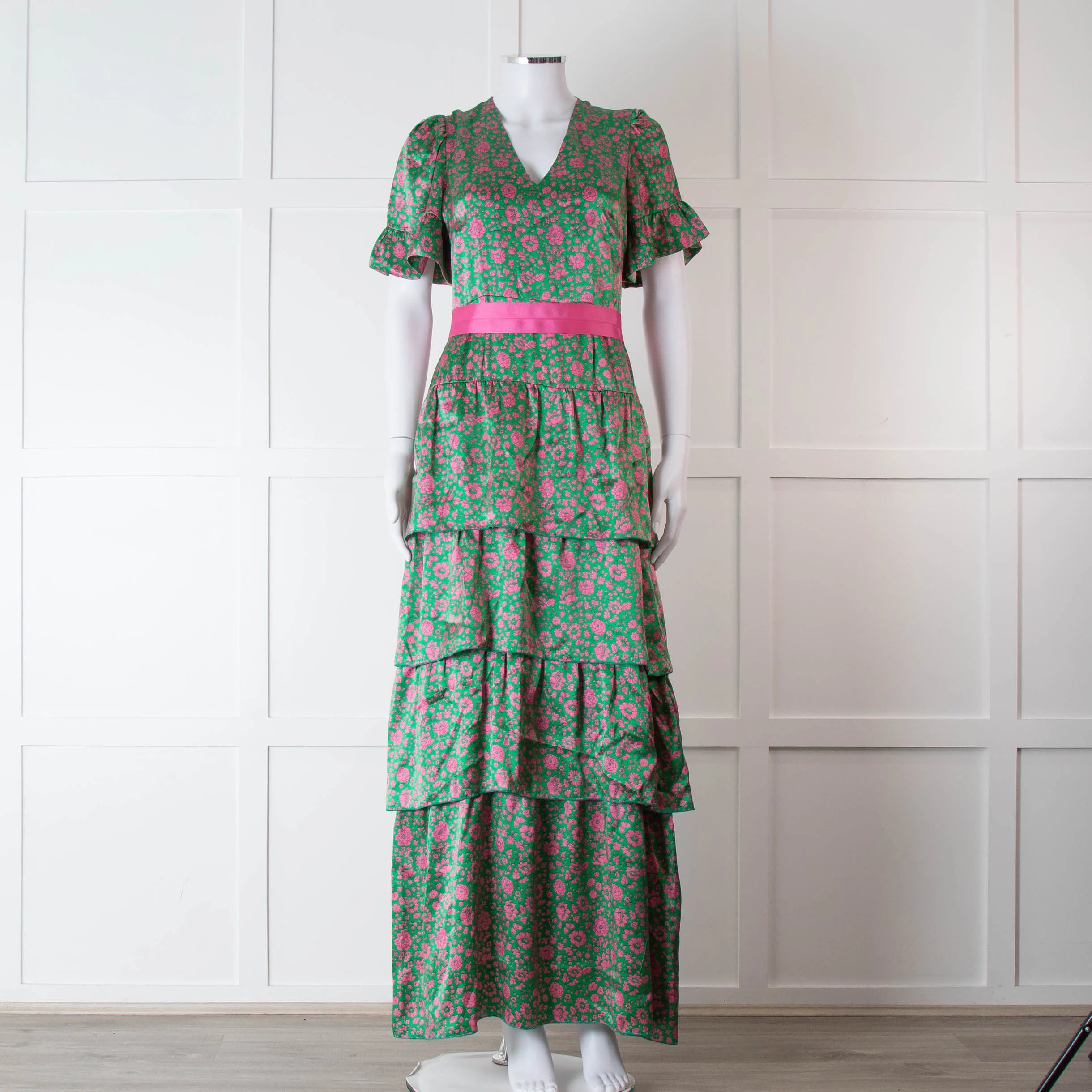 Ridley Green Pink Silk Satin Floral Belted Frill Bottom Maxi Dress