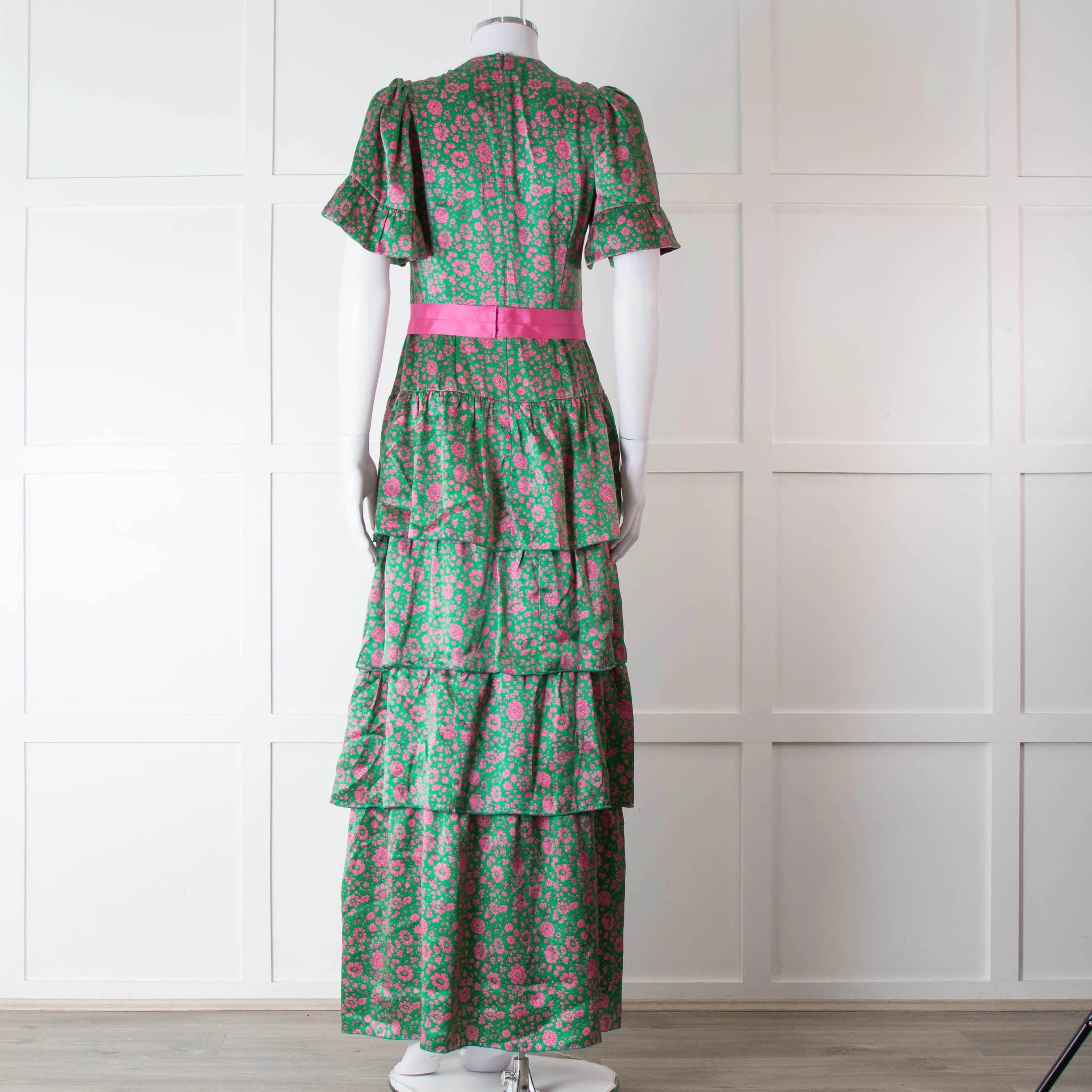 Ridley Green Pink Silk Satin Floral Belted Frill Bottom Maxi Dress - Image 5