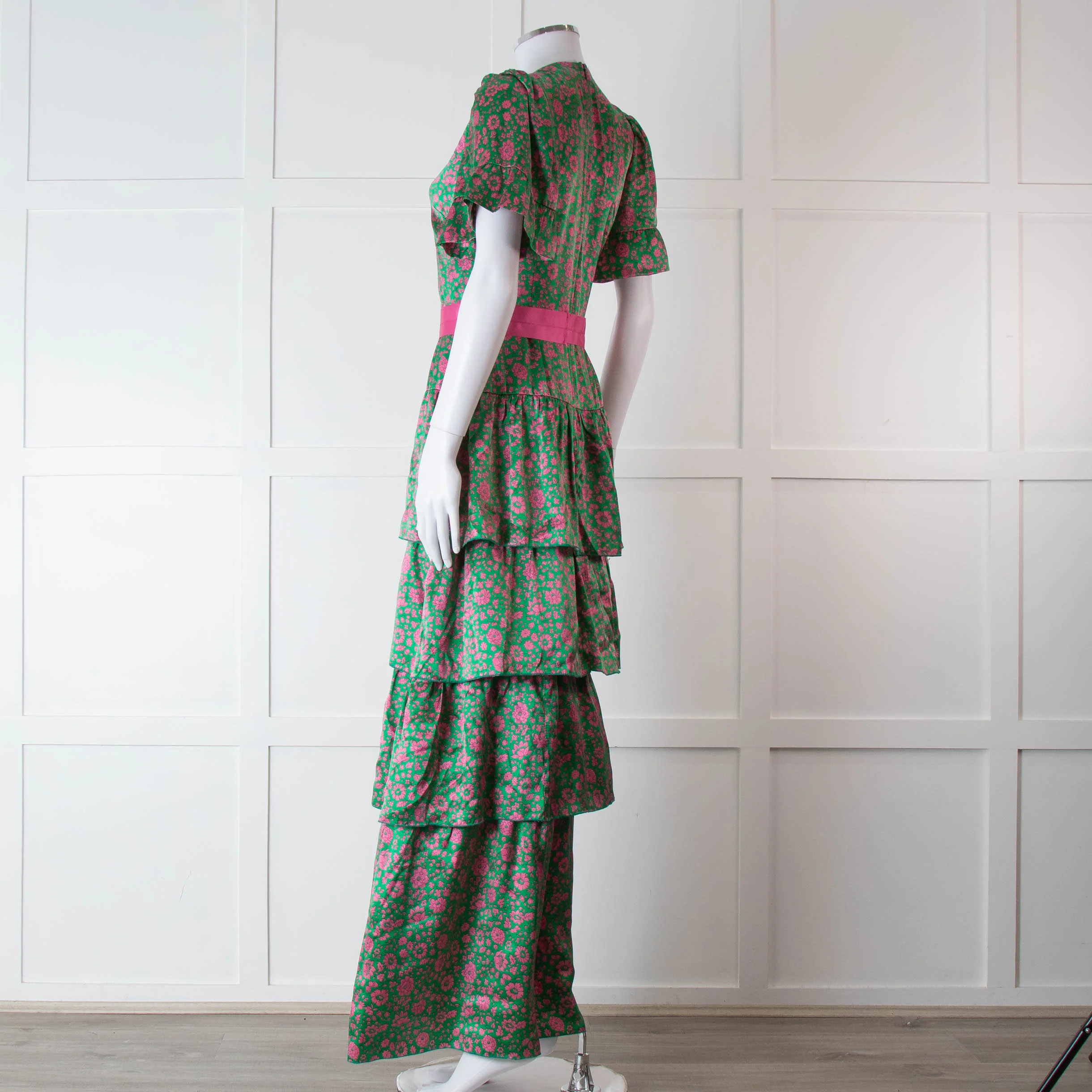 Ridley Green Pink Silk Satin Floral Belted Frill Bottom Maxi Dress - Image 6