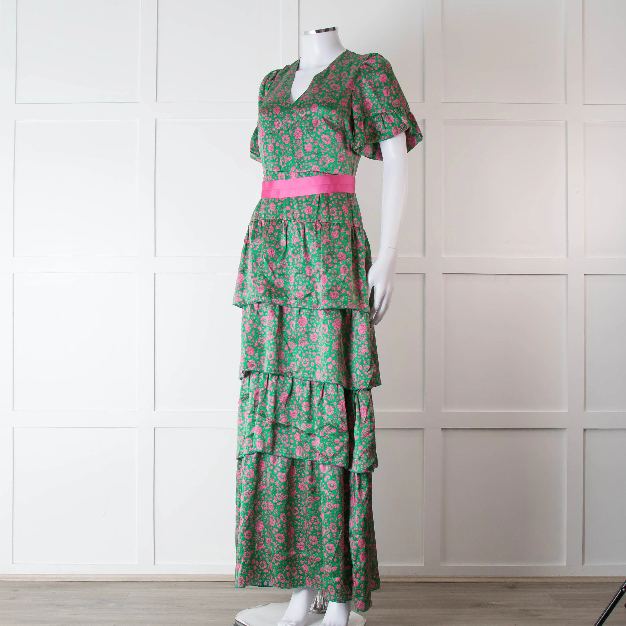Ridley Green Pink Silk Satin Floral Belted Frill Bottom Maxi Dress - Image 8