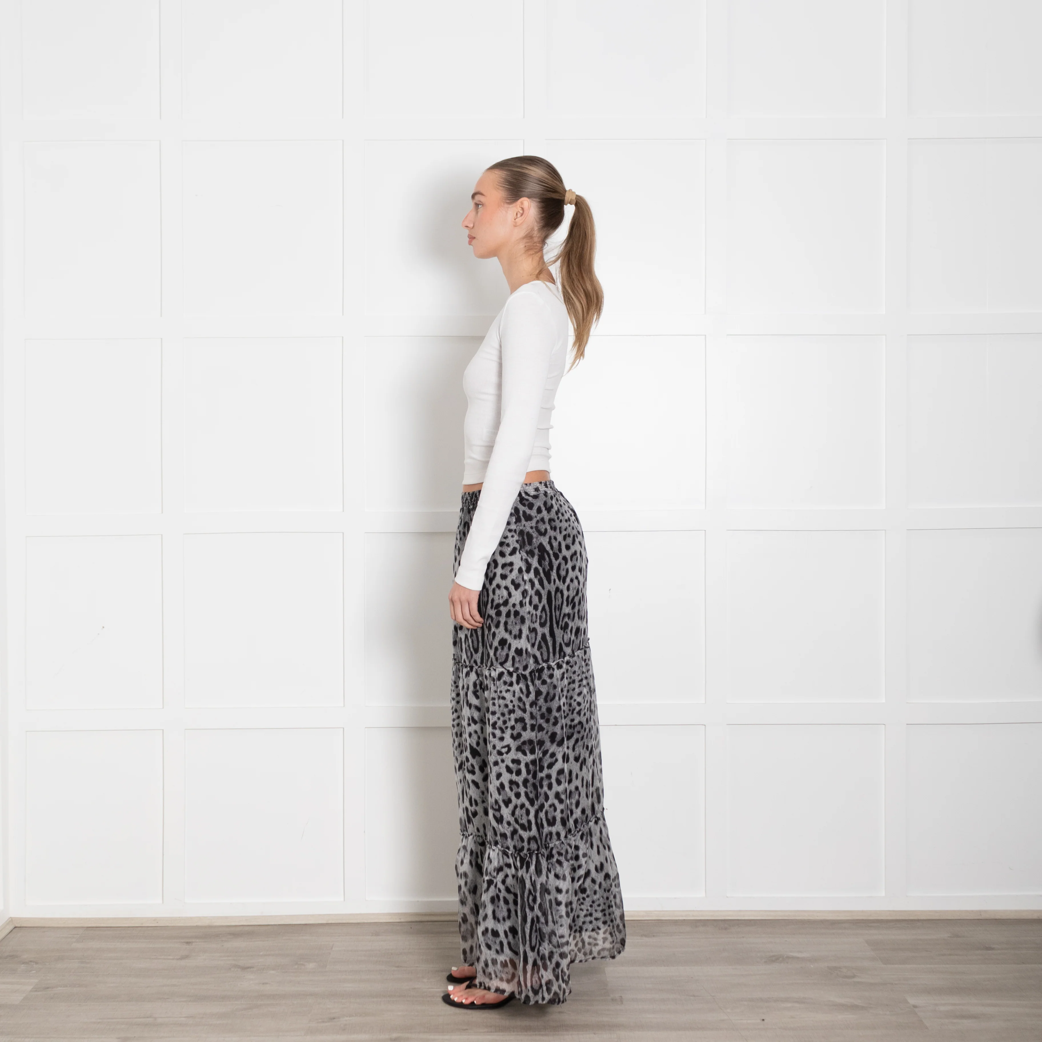 Ridley Grey Black Silk Animal Print Tiered Maxi Skirt - Image 4