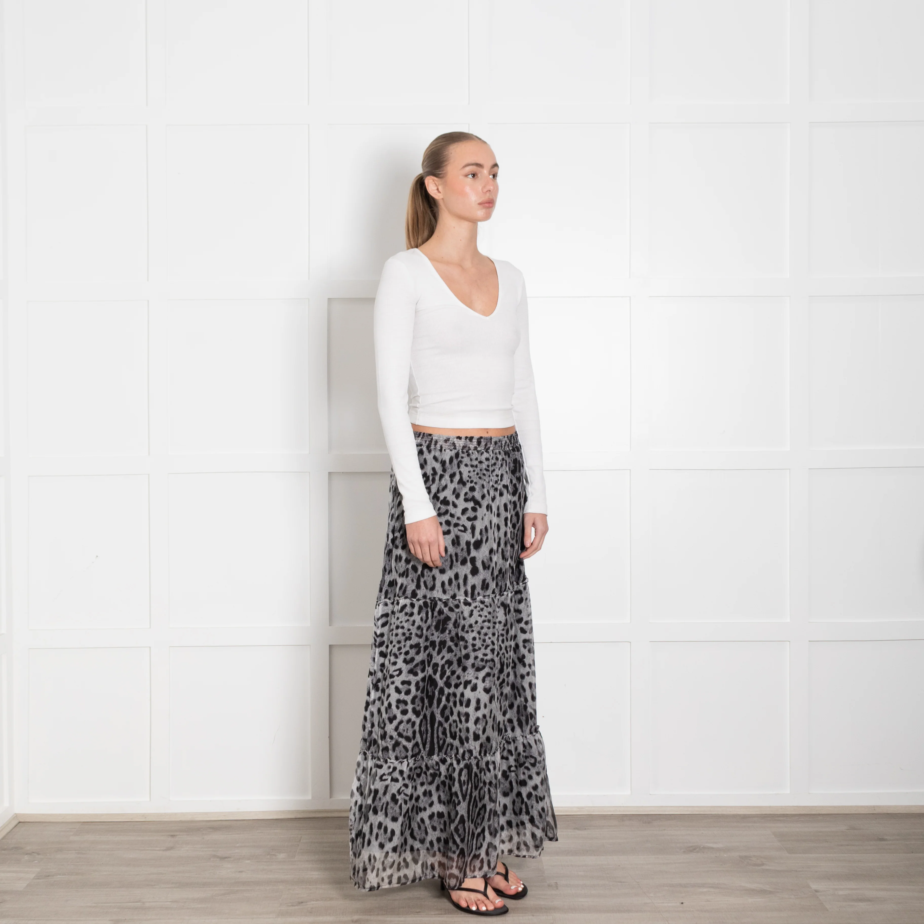 Ridley Grey Black Silk Animal Print Tiered Maxi Skirt - Image 7