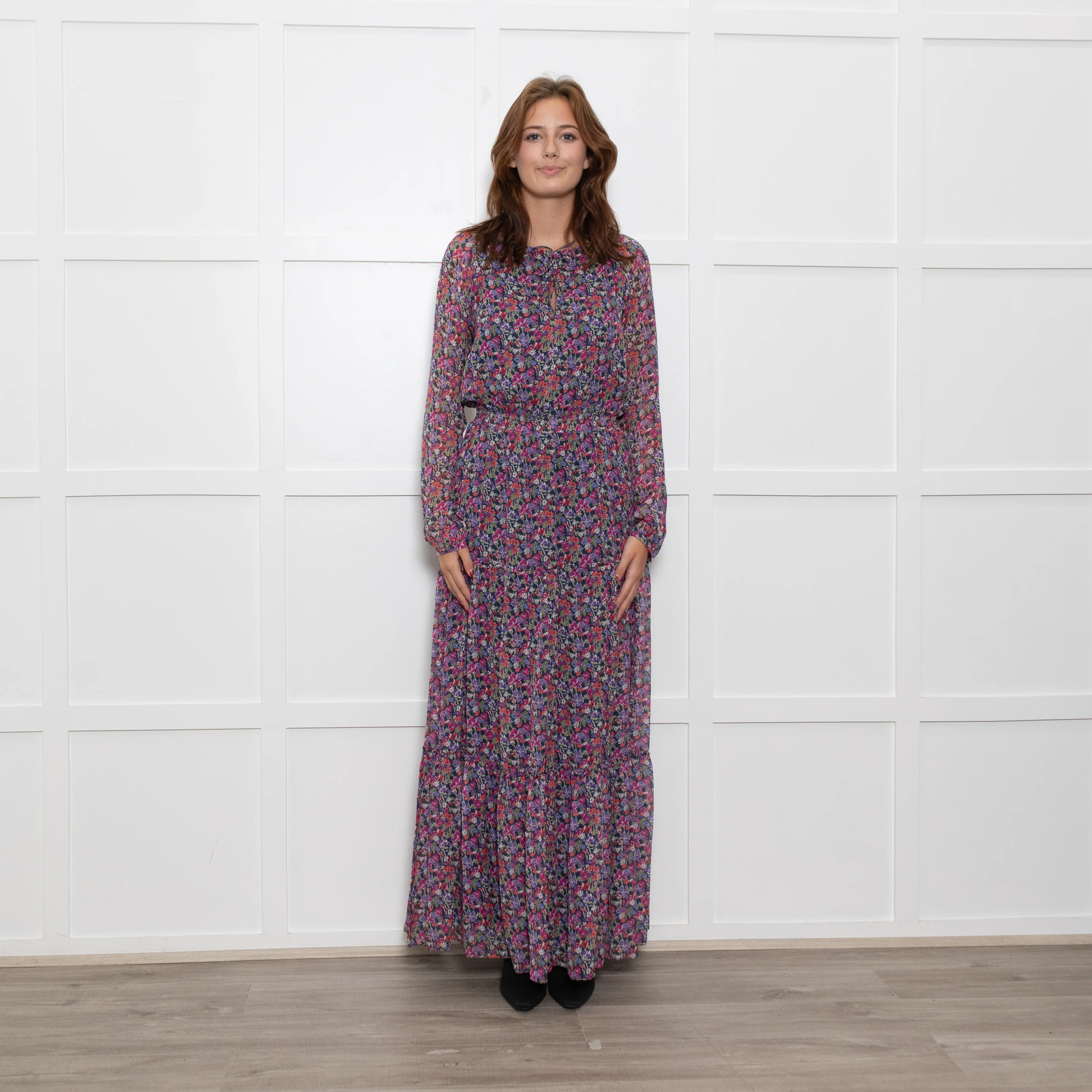 Ridley Multi Flower Pattern Silk Elasticated Waist Full Length Dress