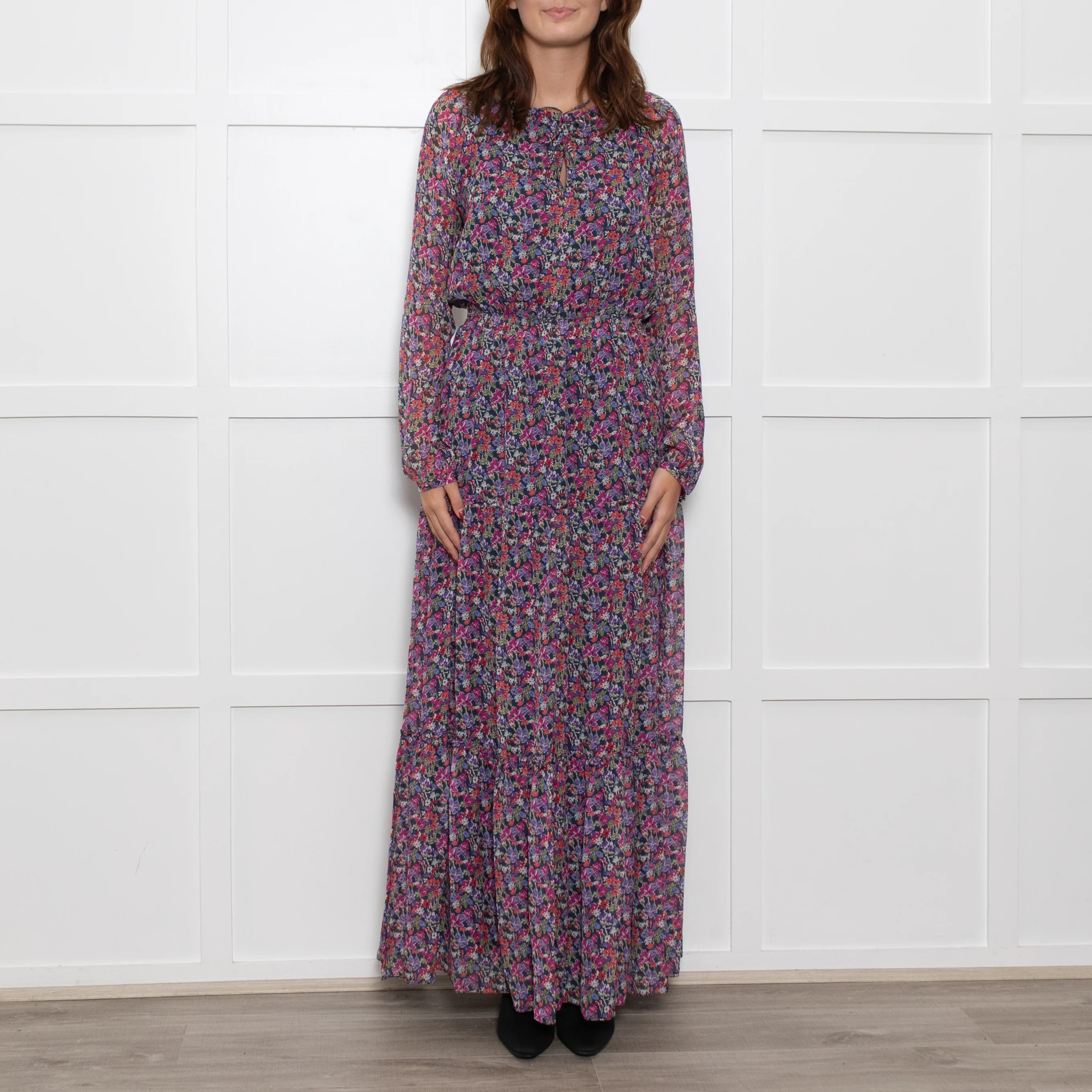 Ridley Multi Flower Pattern Silk Elasticated Waist Full Length Dress - Image 2