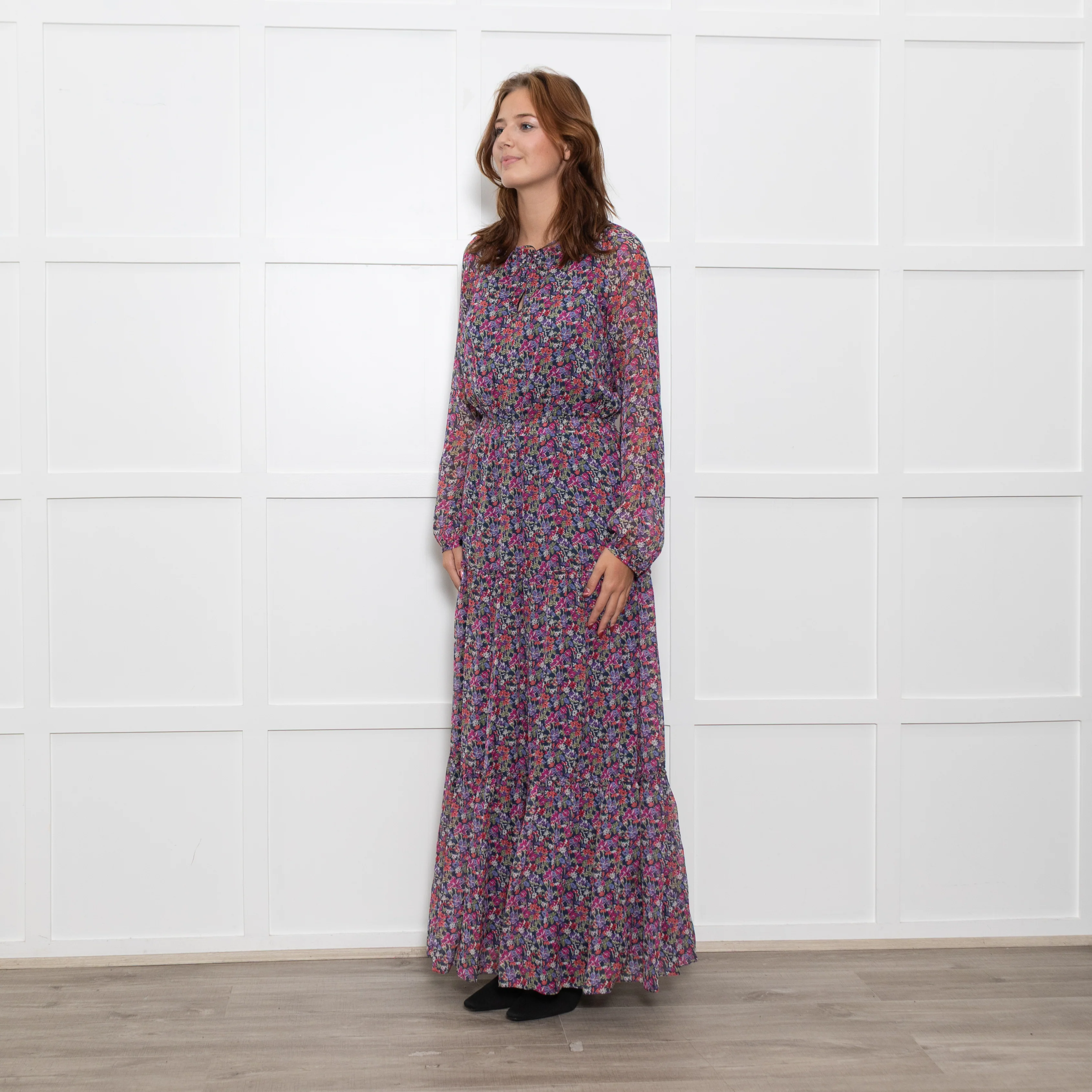 Ridley Multi Flower Pattern Silk Elasticated Waist Full Length Dress - Image 3