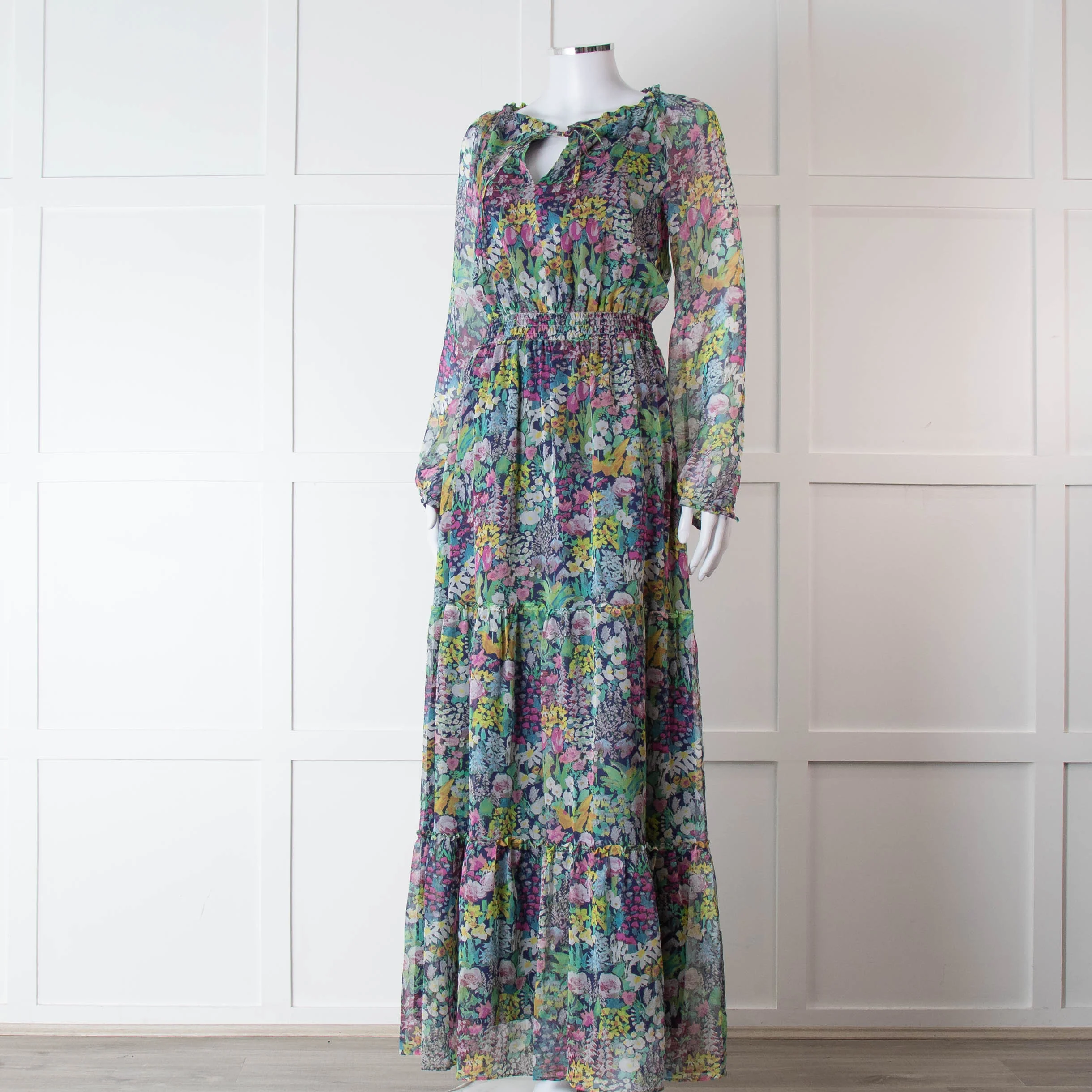 Ridley Multicolour Floral Silk Long Sleeve Tiered Dress - Image 8