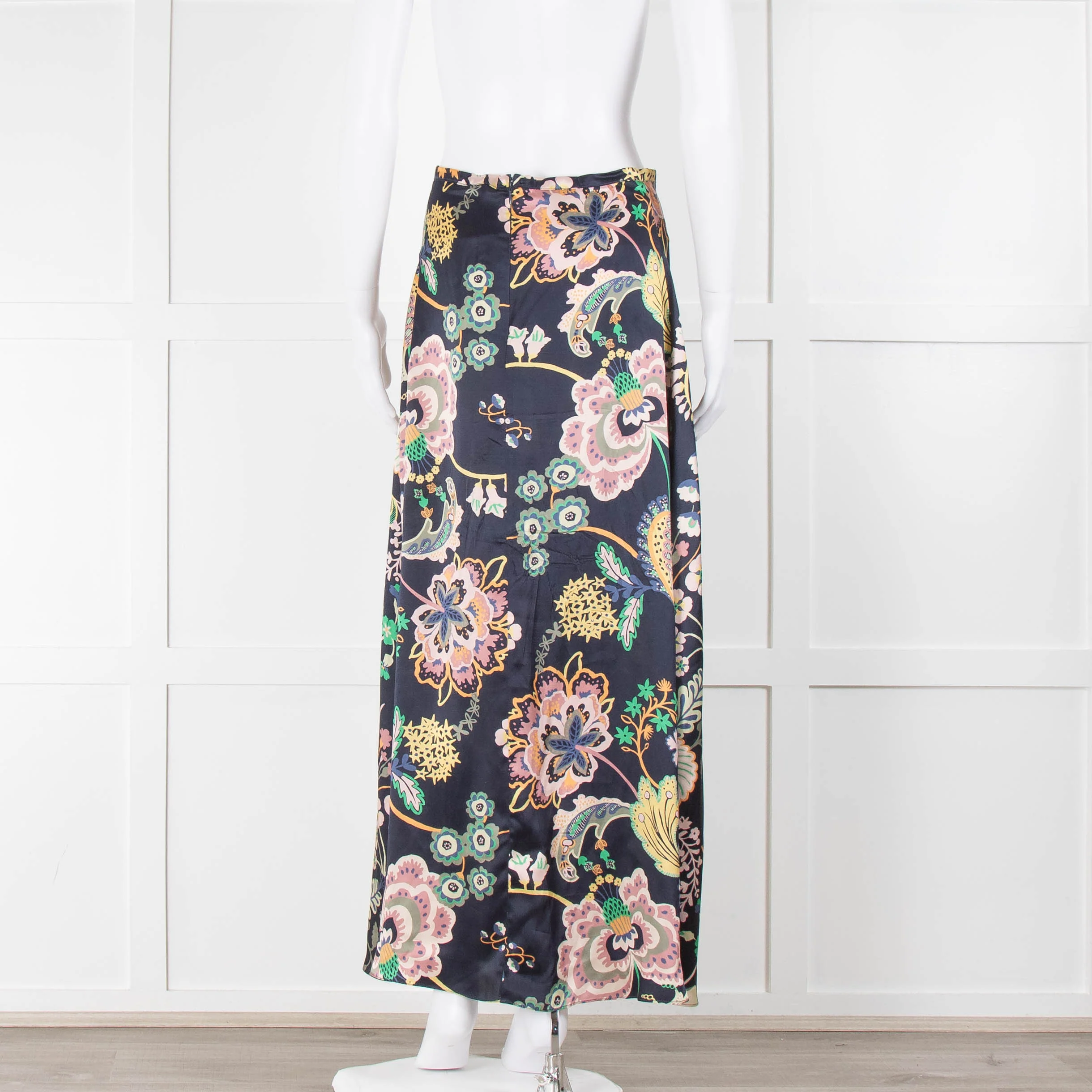 Ridley Navy Blue Pink Green Yellow Floral Print Silk Maxi Skirt - Image 3