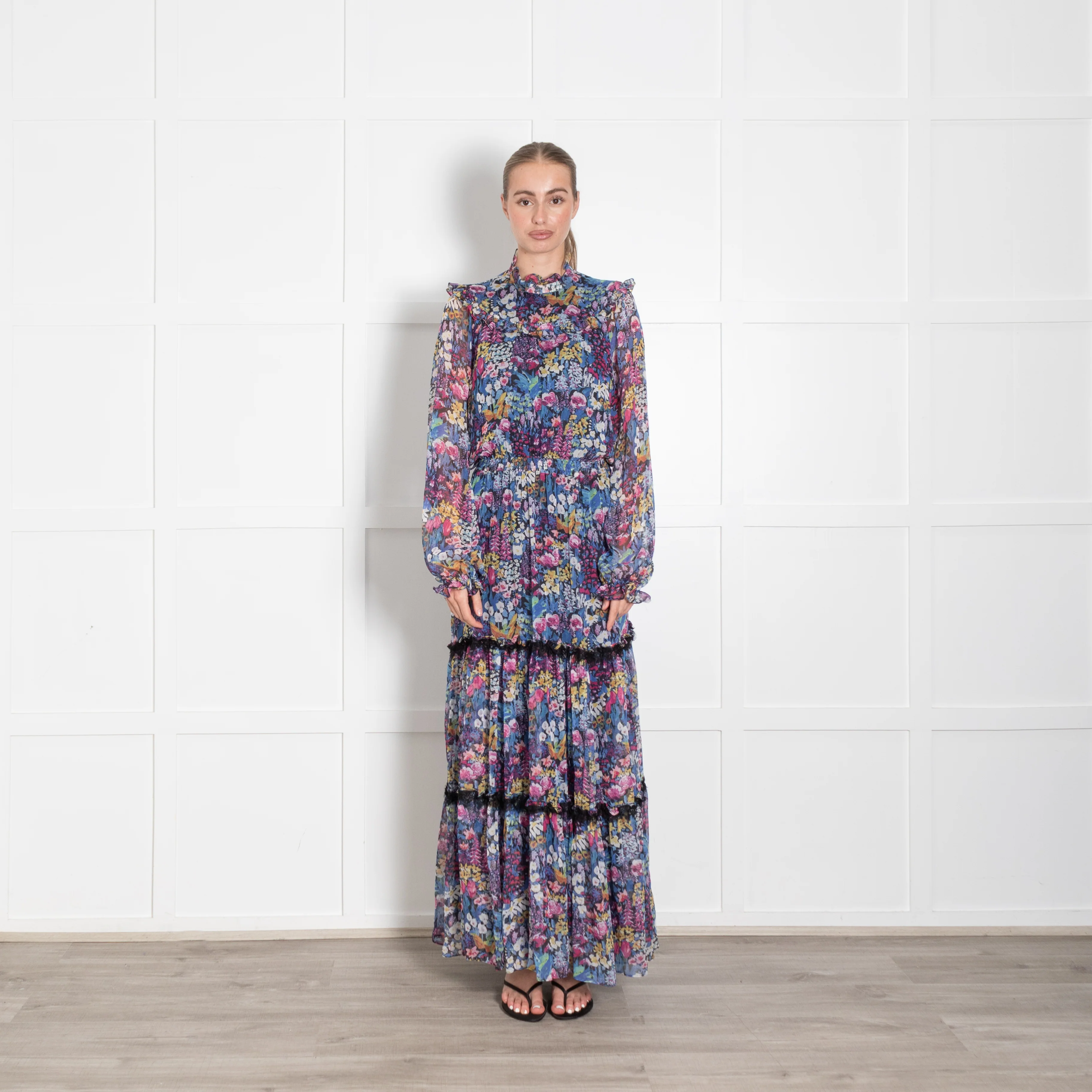 Ridley Navy Multi Floral Elasticated Waist Chiffon Maxi Dress
