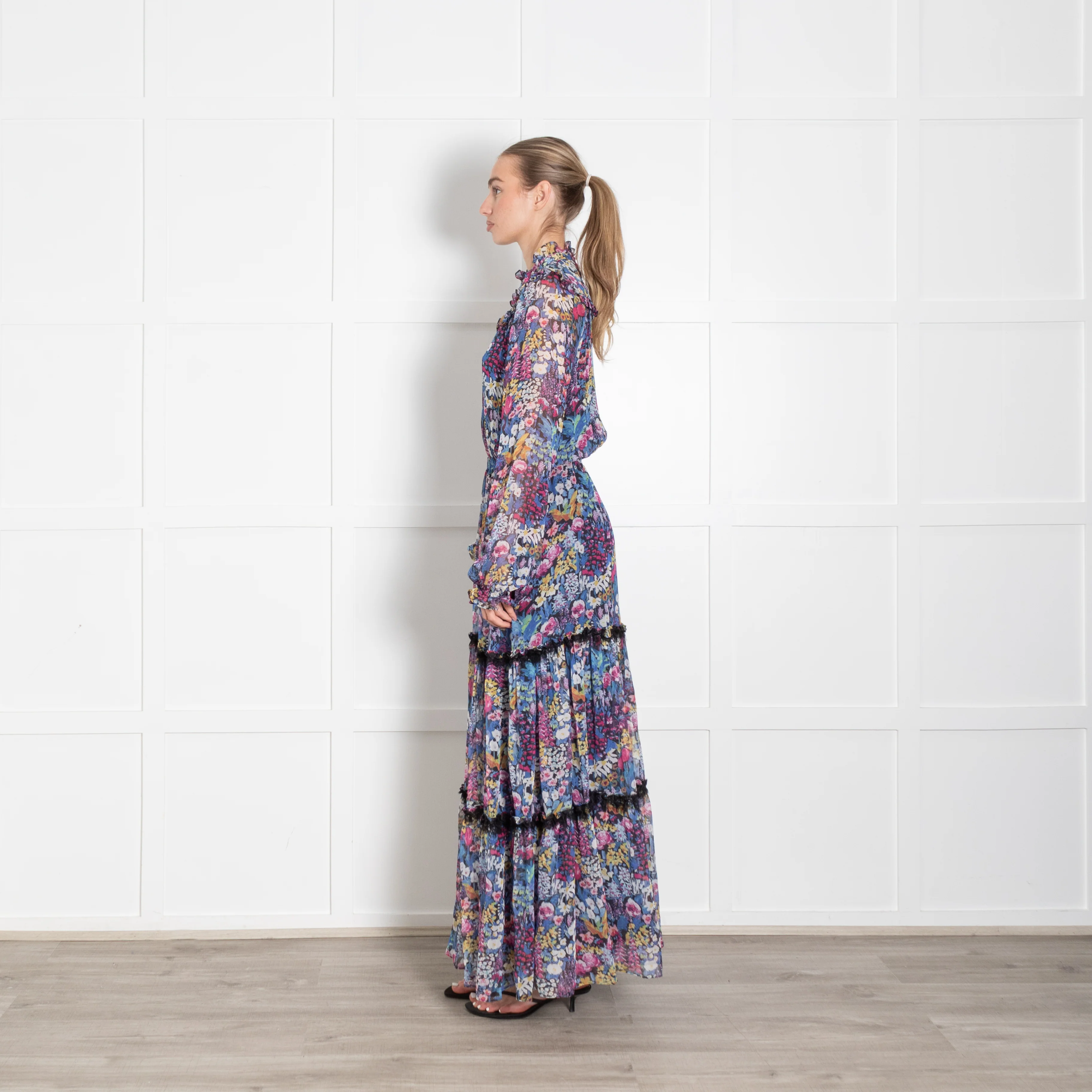 Ridley Navy Multi Floral Elasticated Waist Chiffon Maxi Dress - Image 4