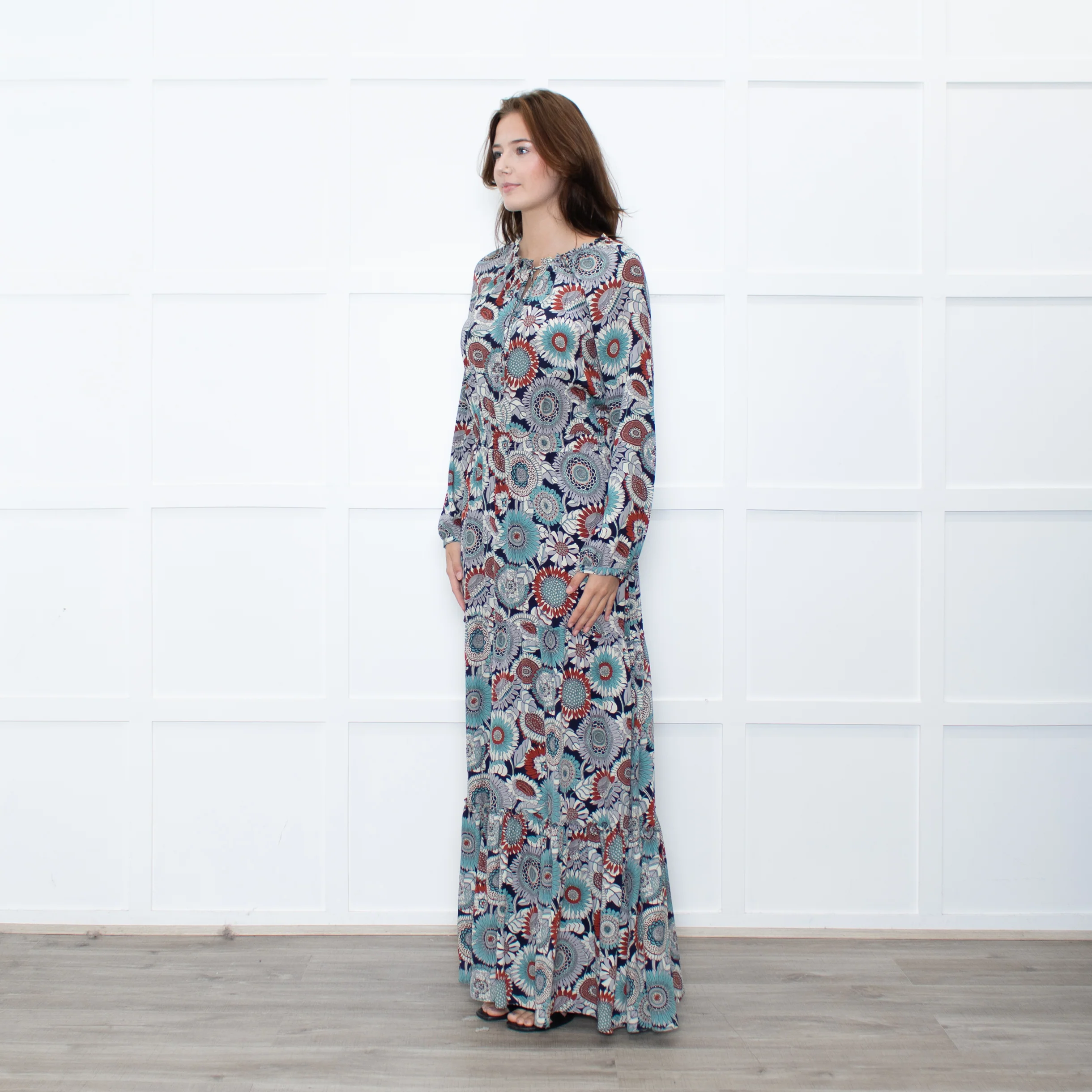 Ridley Navy Multicolour Floral Print Silk Long Sleeve Maxi Dress - Image 3