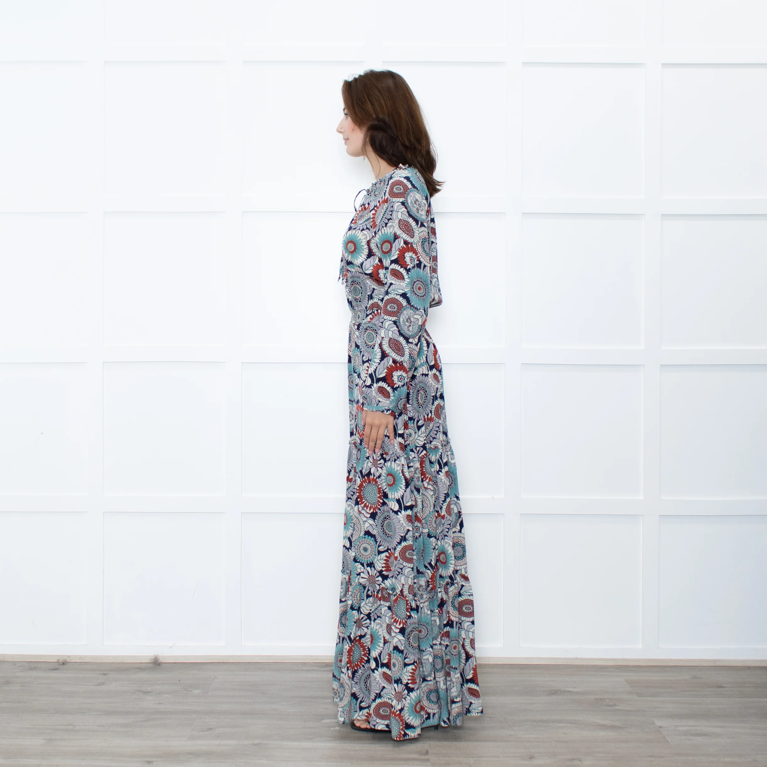 Ridley Navy Multicolour Floral Print Silk Long Sleeve Maxi Dress - Image 4