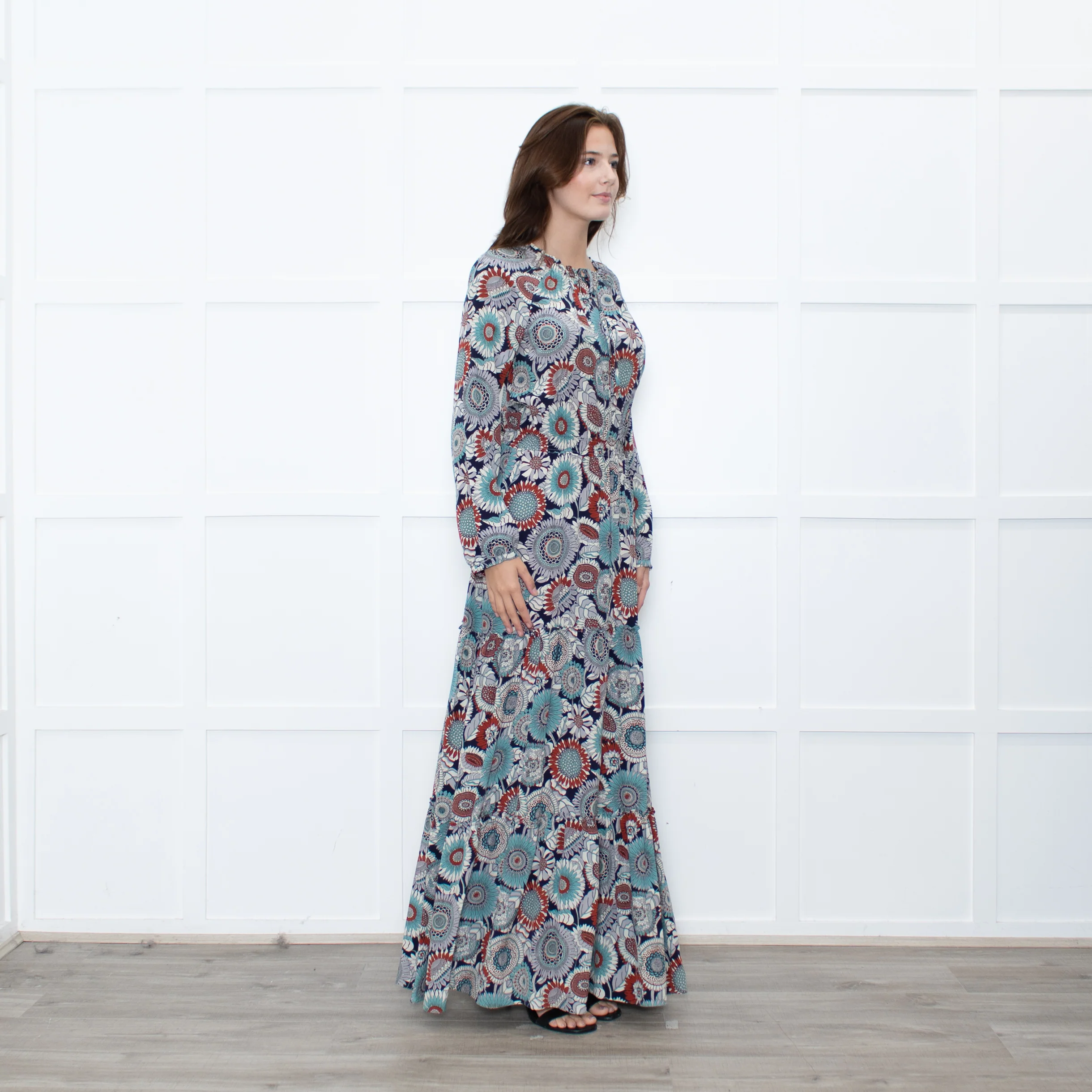 Ridley Navy Multicolour Floral Print Silk Long Sleeve Maxi Dress - Image 7