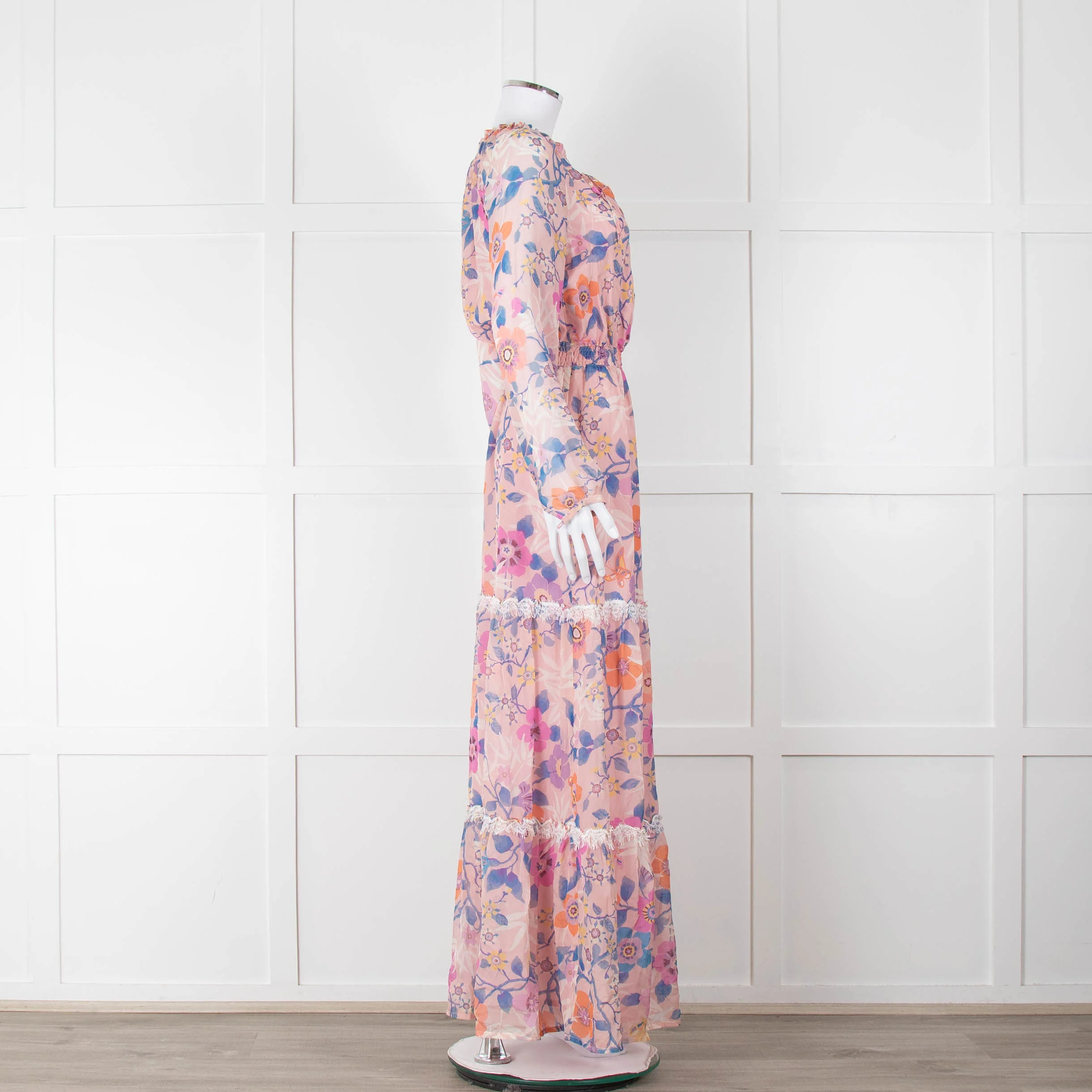 Ridley Pale Pink Blue Silk Floral Tiered Maxi Dress - Image 3