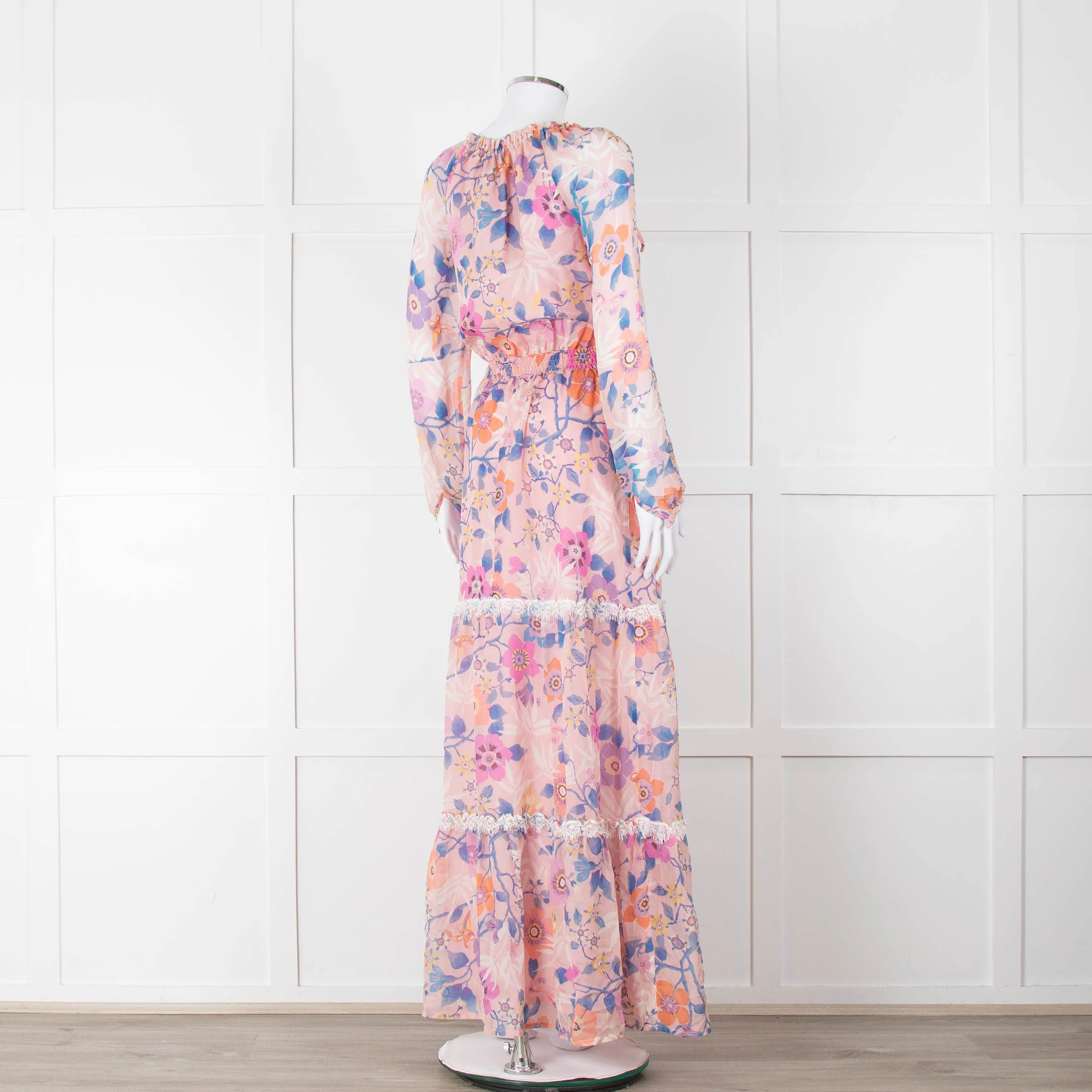 Ridley Pale Pink Blue Silk Floral Tiered Maxi Dress - Image 4