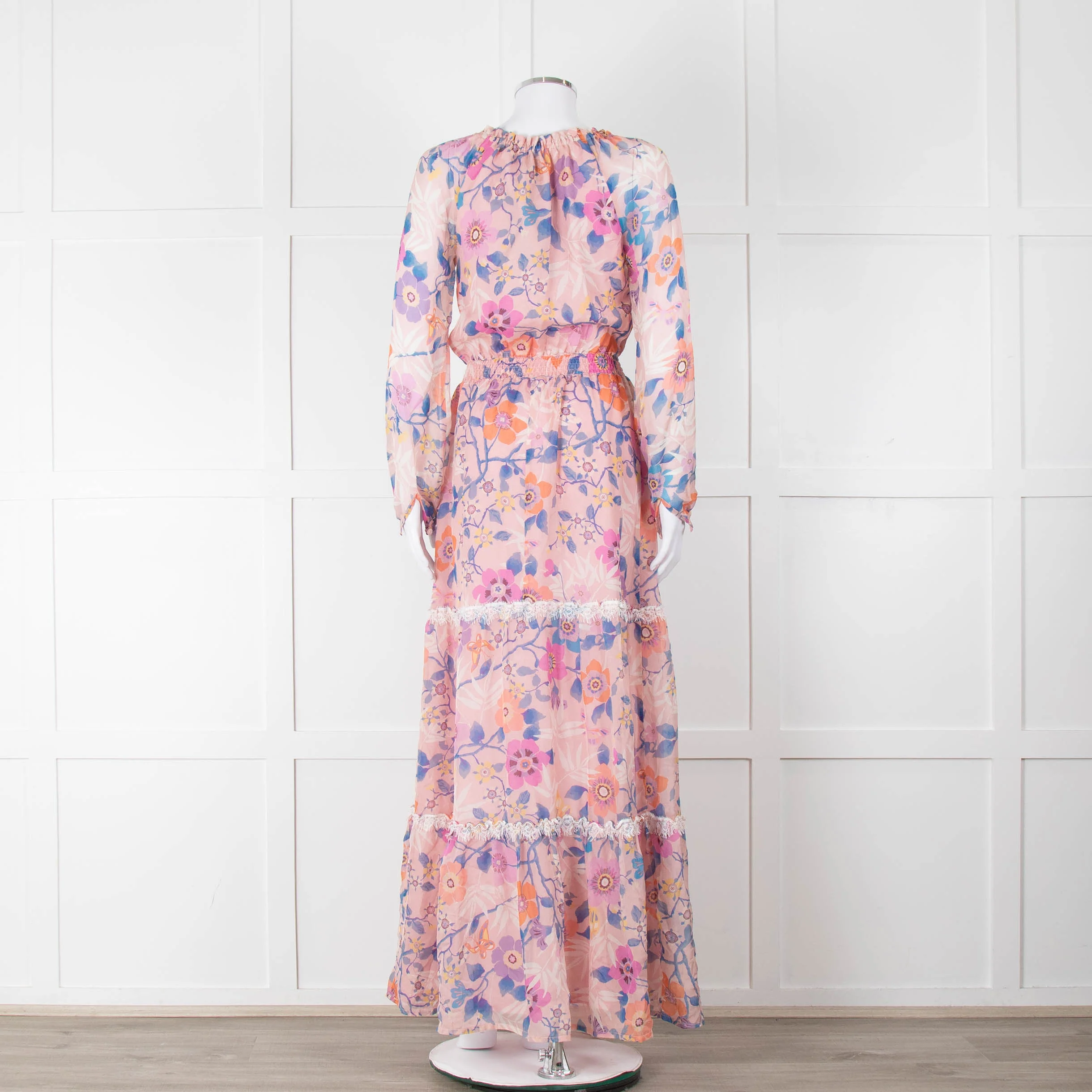 Ridley Pale Pink Blue Silk Floral Tiered Maxi Dress - Image 5