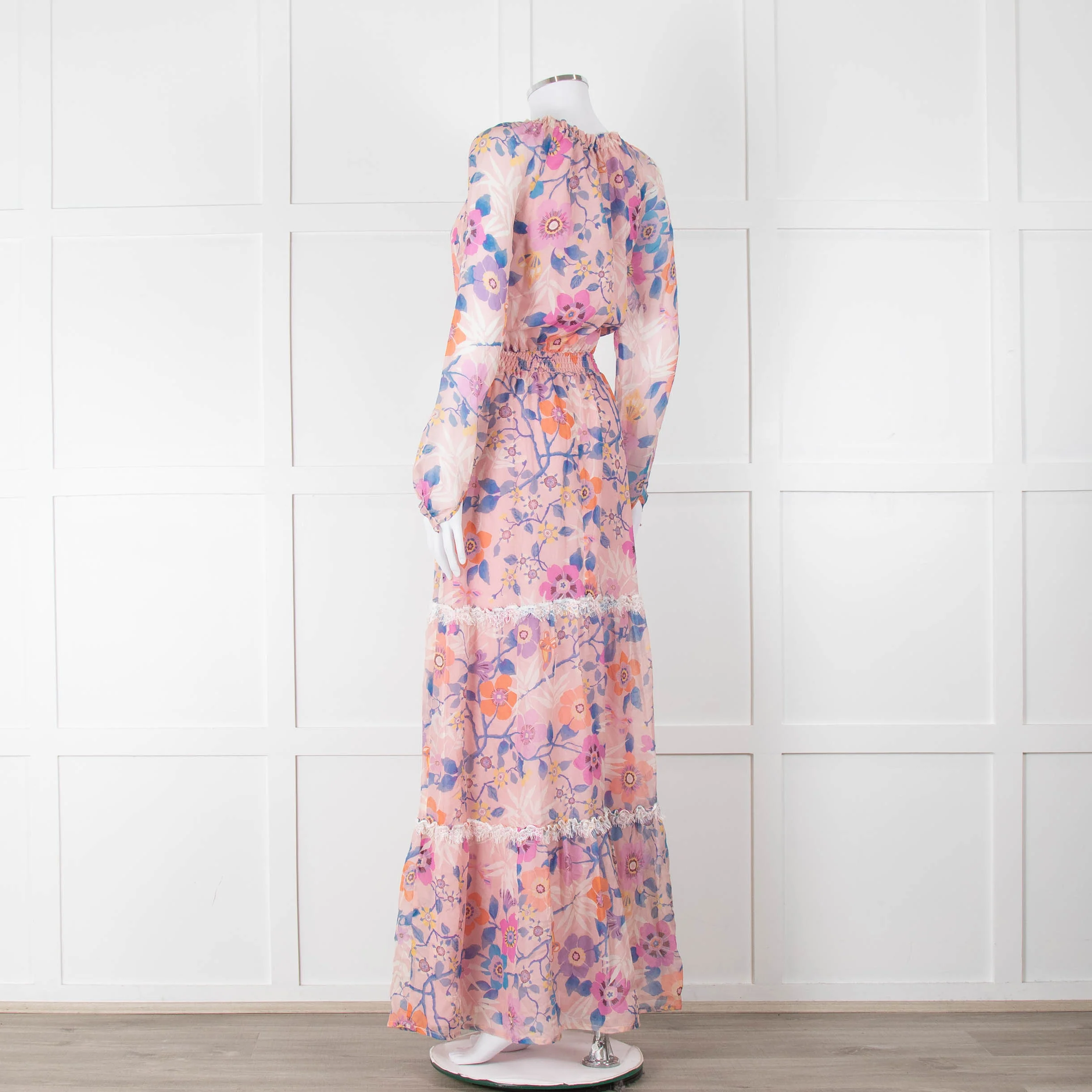 Ridley Pale Pink Blue Silk Floral Tiered Maxi Dress - Image 6