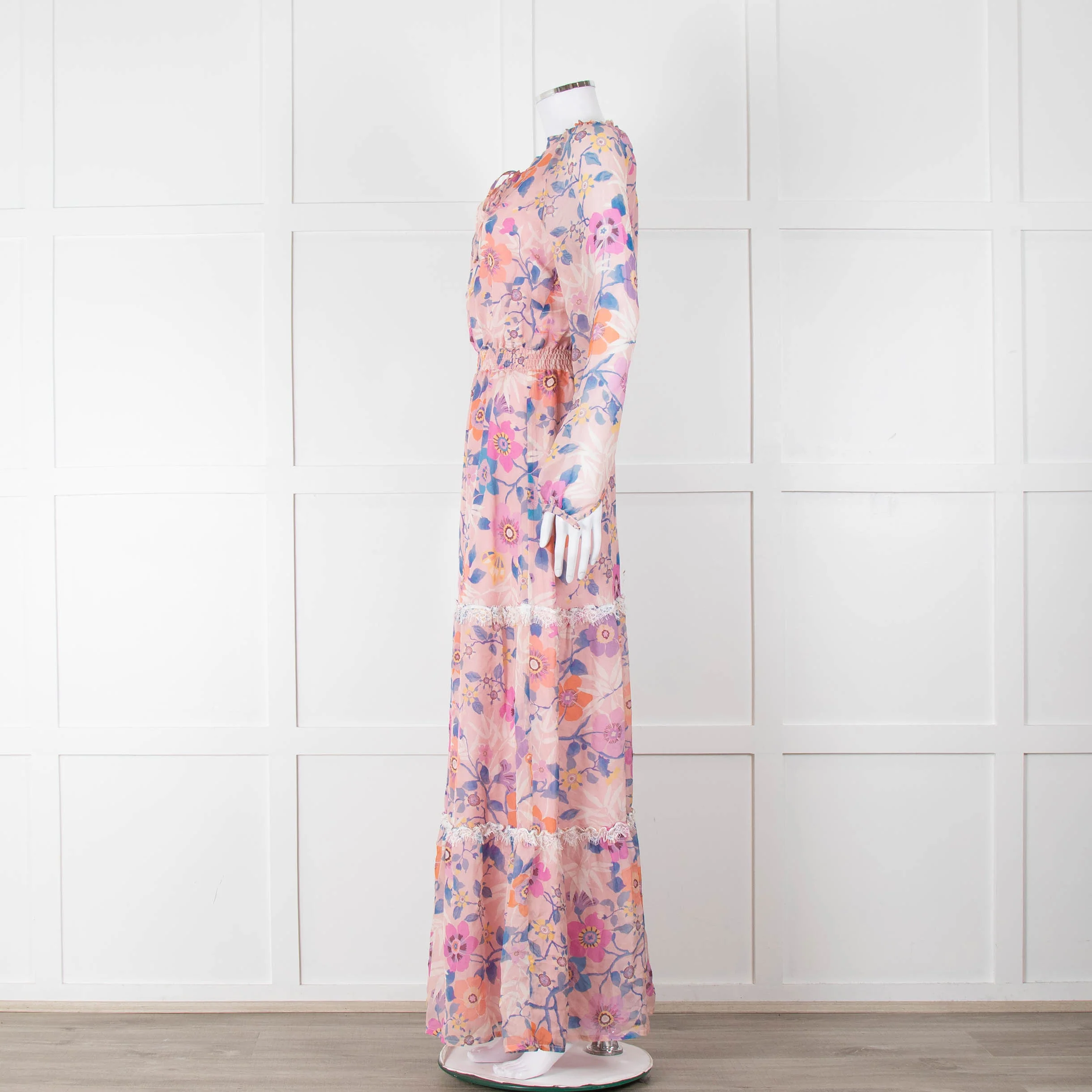 Ridley Pale Pink Blue Silk Floral Tiered Maxi Dress - Image 7